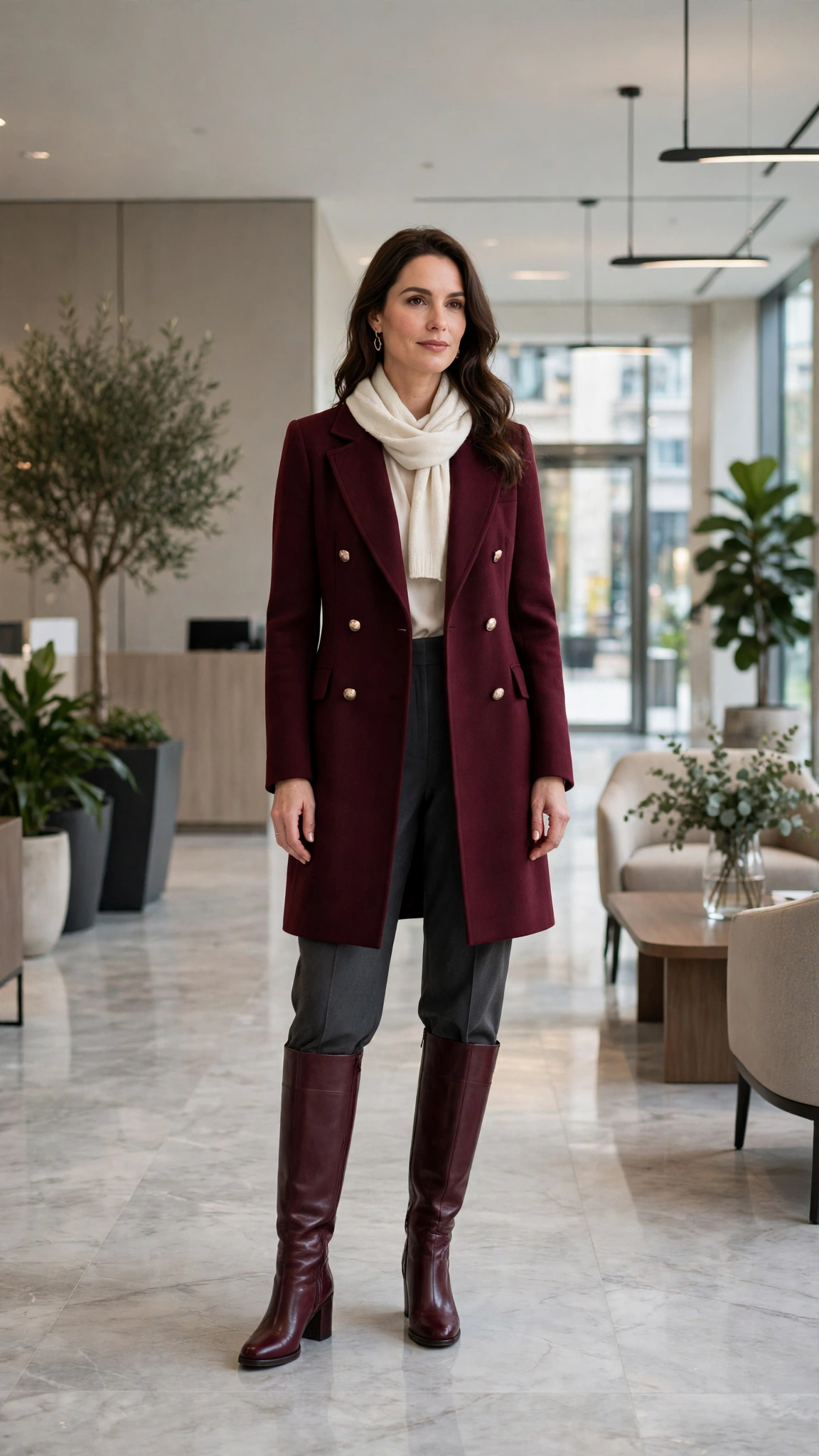 Burgundy Double-breasted Coat with Charcoal Wide-leg Trousers and Burgundy Leather Boots