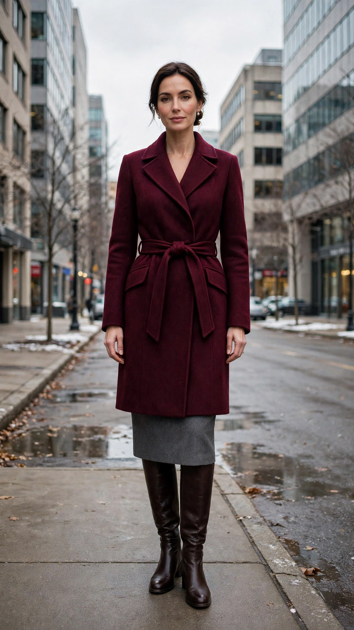 Burgundy Belted Coat with a Grey Pencil Skirt and Dark Brown Boots