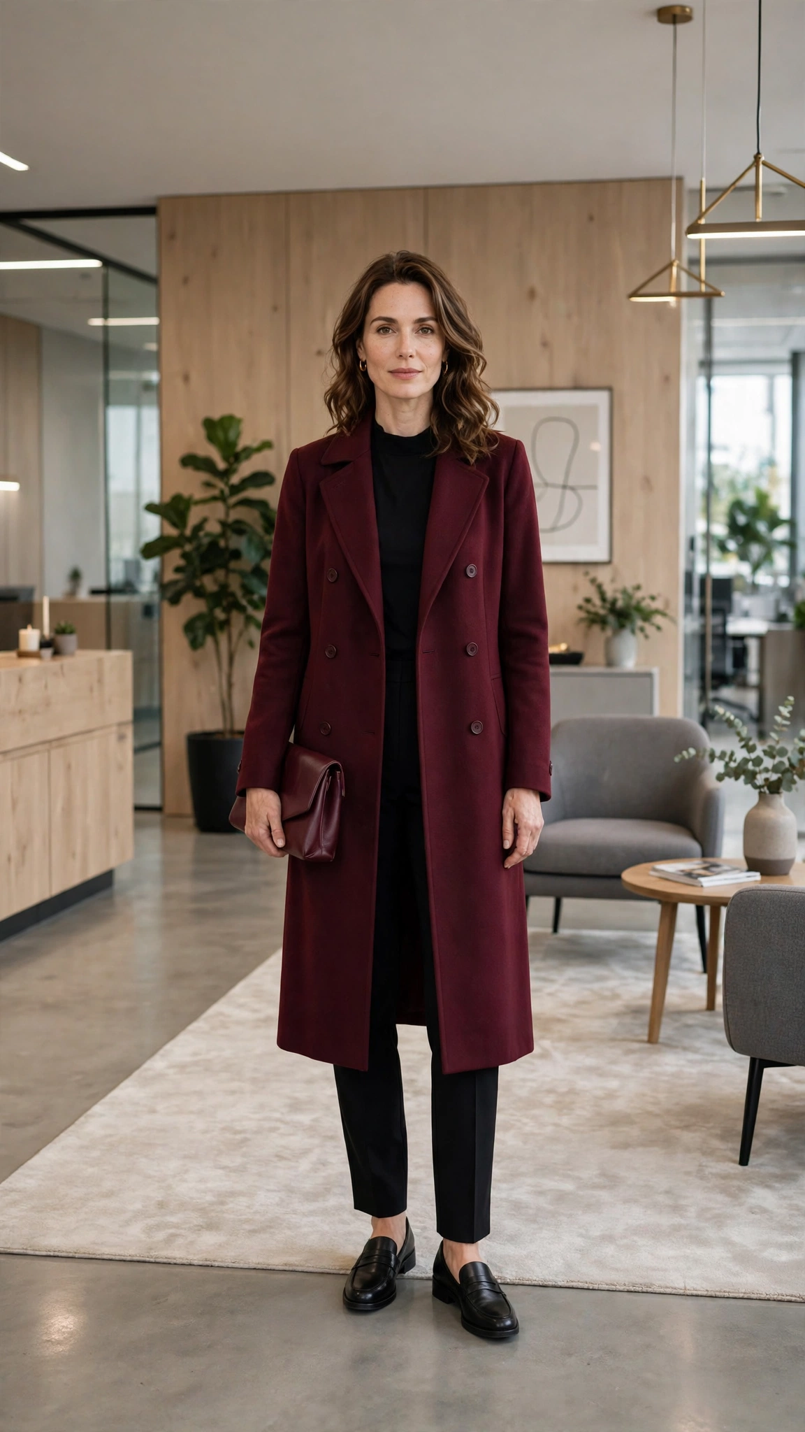 Burgundy Longline Coat with Black Tailored Trousers and Black Loafers