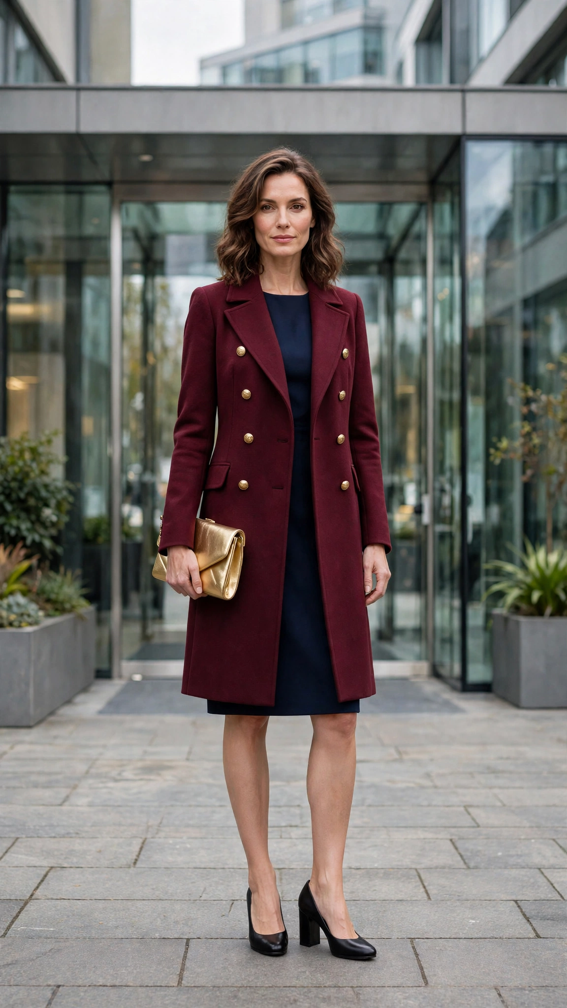 Burgundy Double-breasted Coat with a Navy Dress and Black Block-heel Pumps