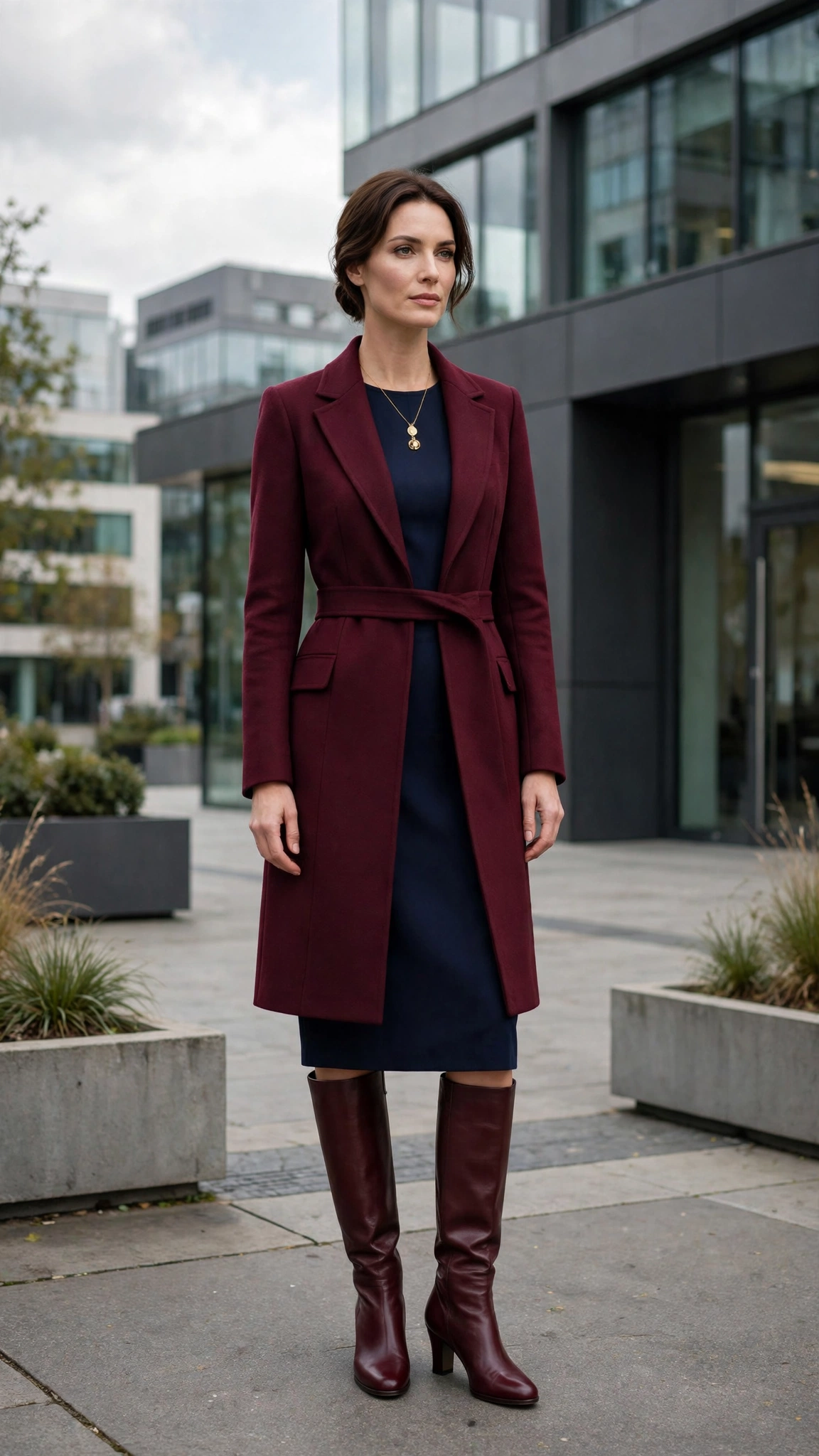 Burgundy Tailored Coat with a Navy Dress and Burgundy Leather Boots