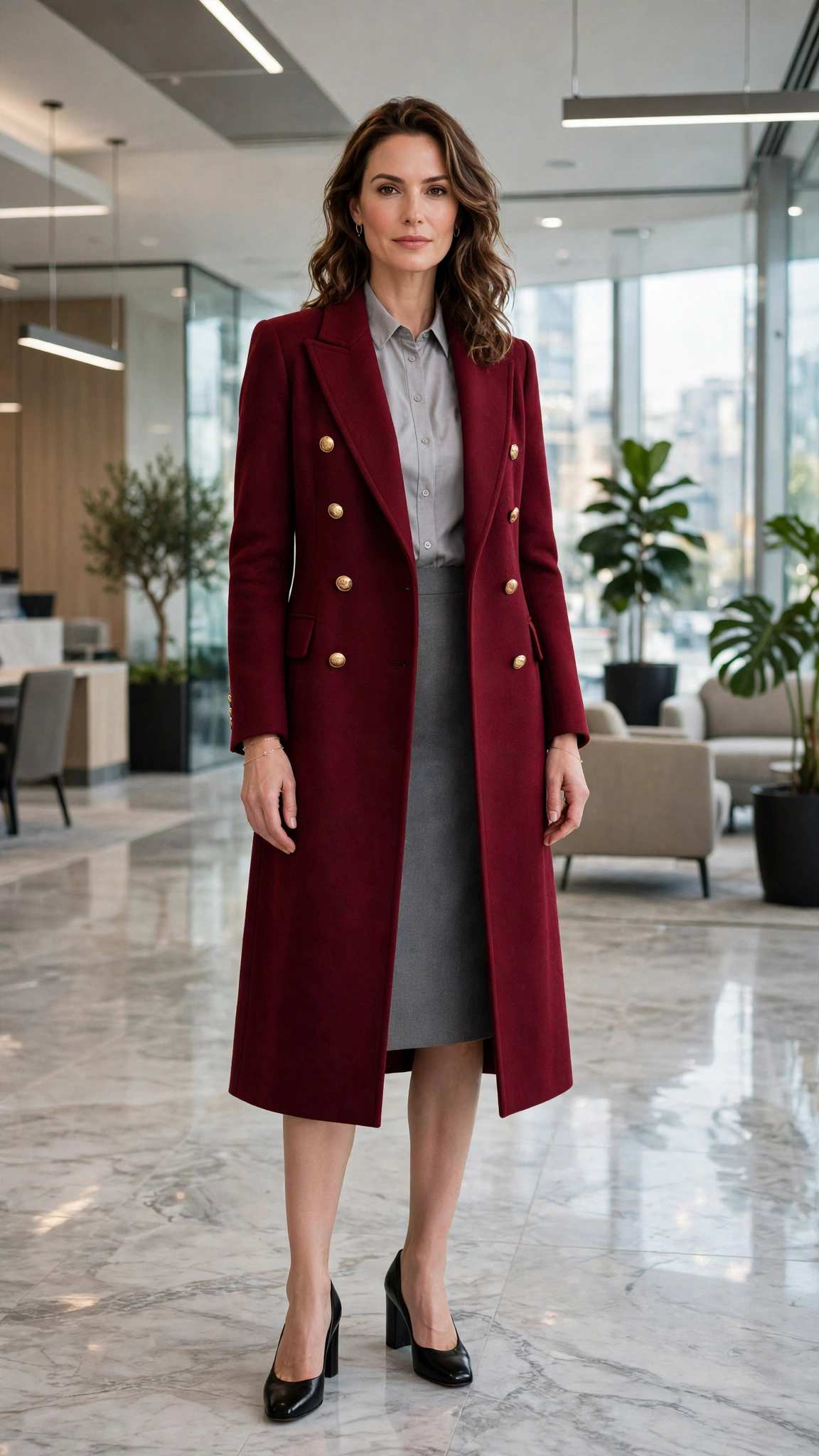 Burgundy Double-breasted Coat with a Grey Pencil Skirt and Black Block-heel Pumps