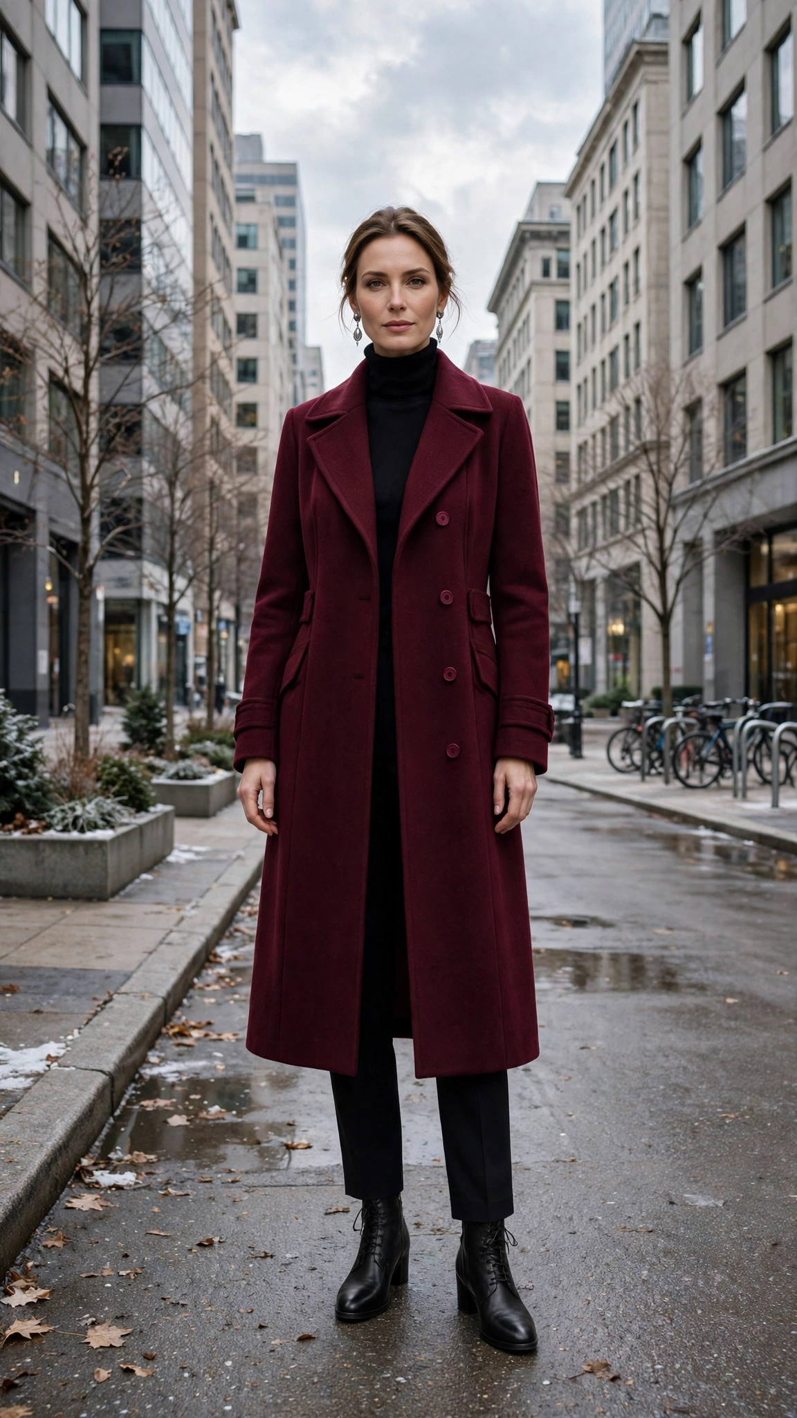 Burgundy Longline Coat with Black Tailored Trousers and Black Ankle Boots