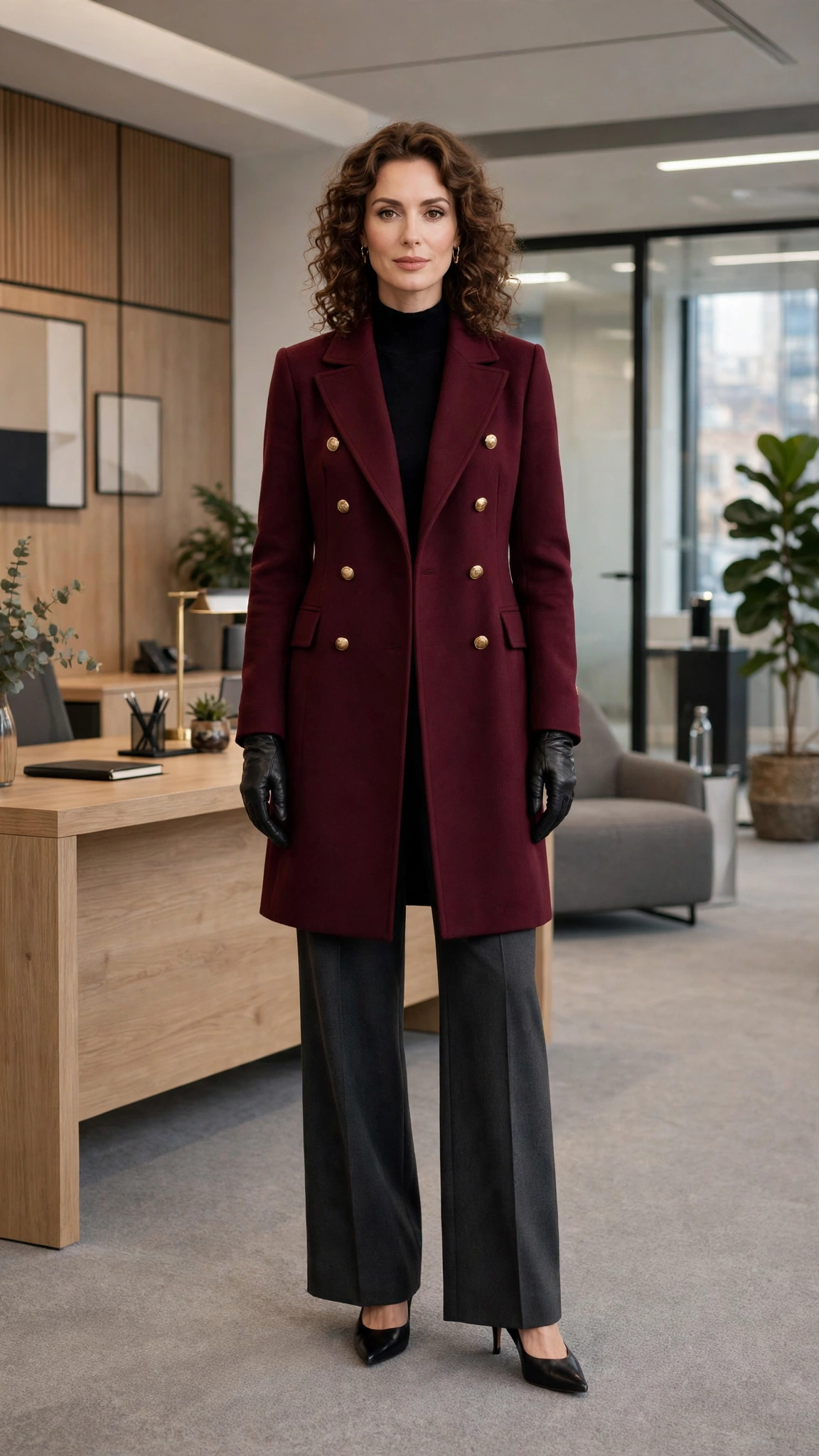 Burgundy Double-breasted Coat with Charcoal Wide-leg Trousers and Black Pointed Heels