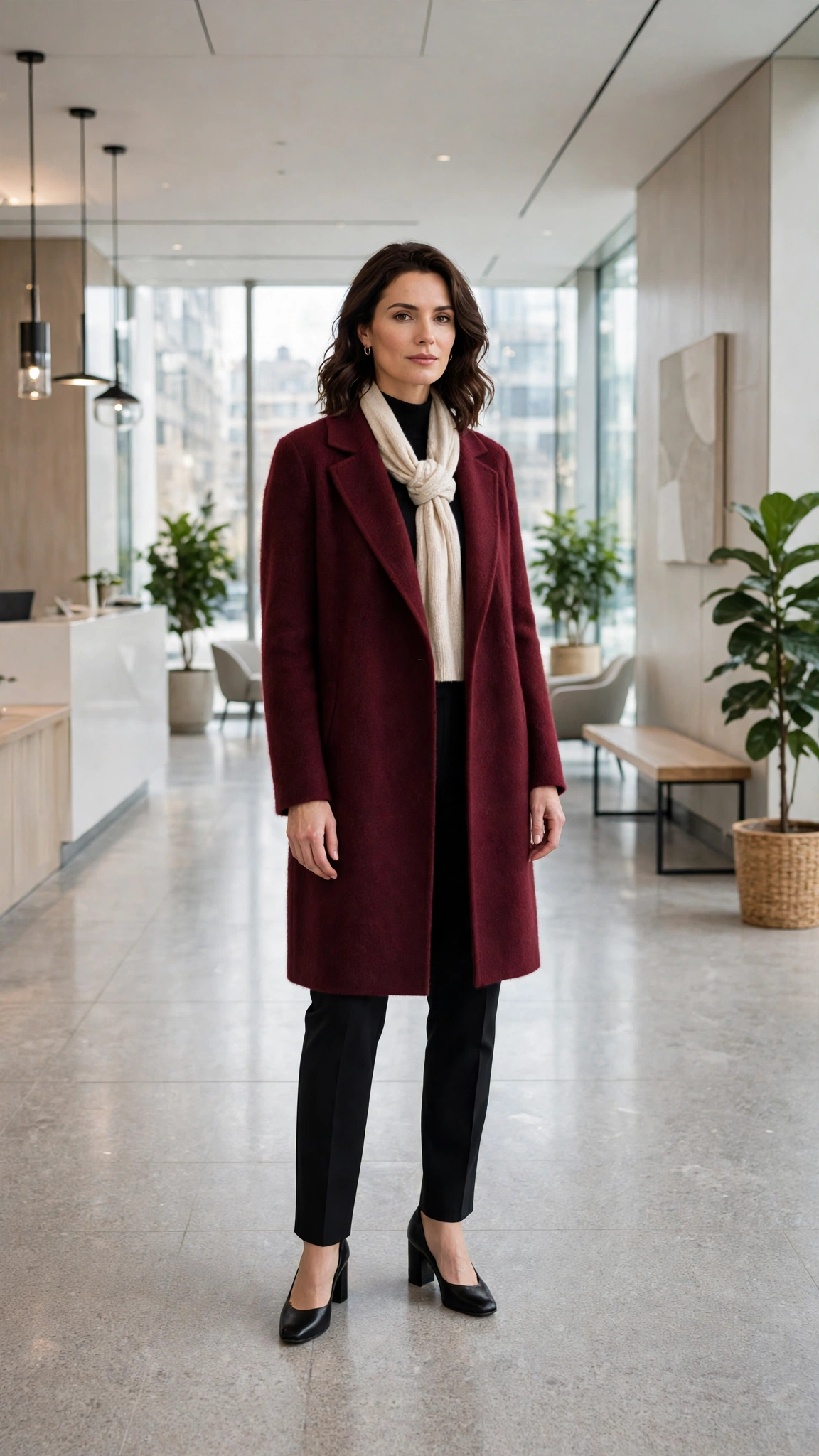 Burgundy Cashmere-blend Coat with Black Tailored Trousers and Black Block-heel Pumps