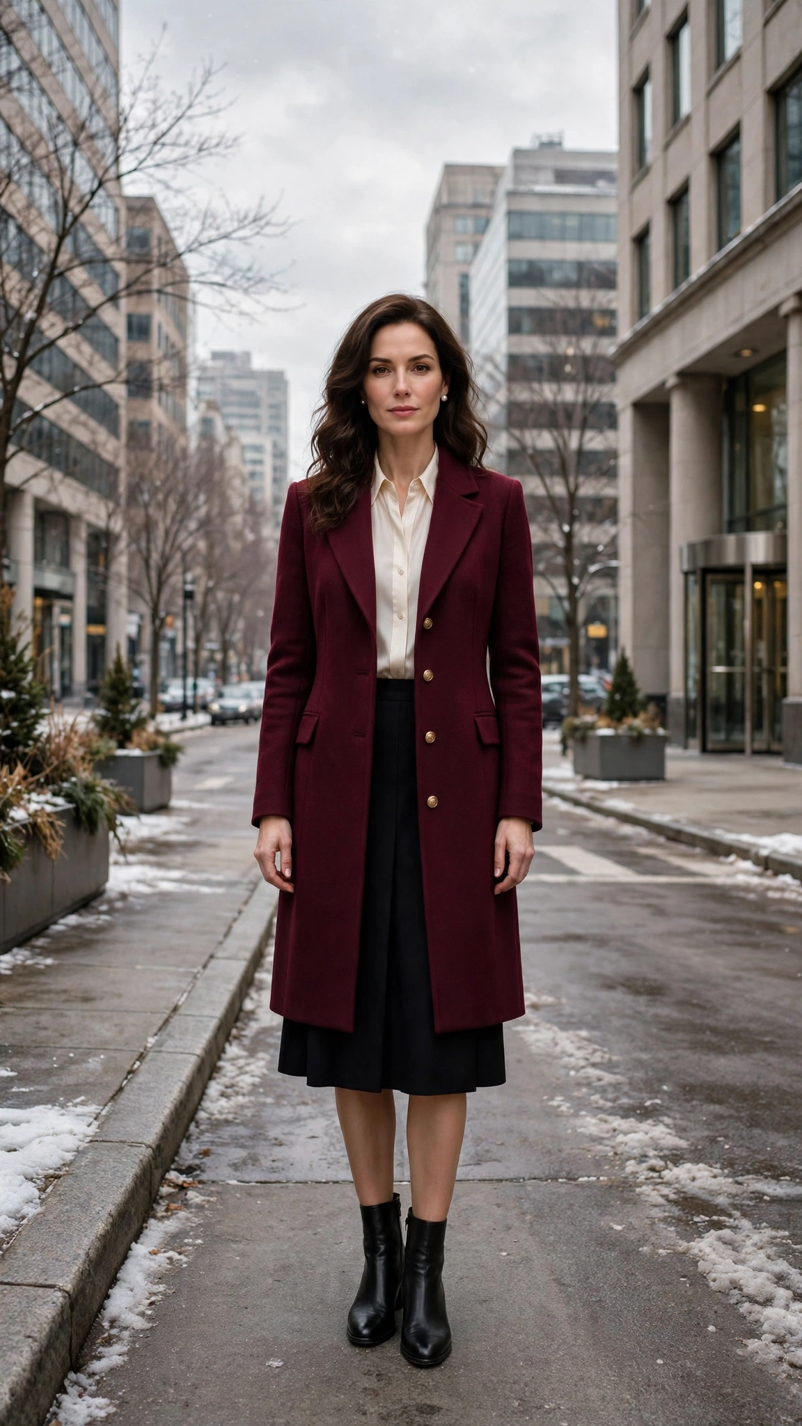 Burgundy Tailored Coat with a Cream Blouse and Black Skirt and Black Ankle Boots