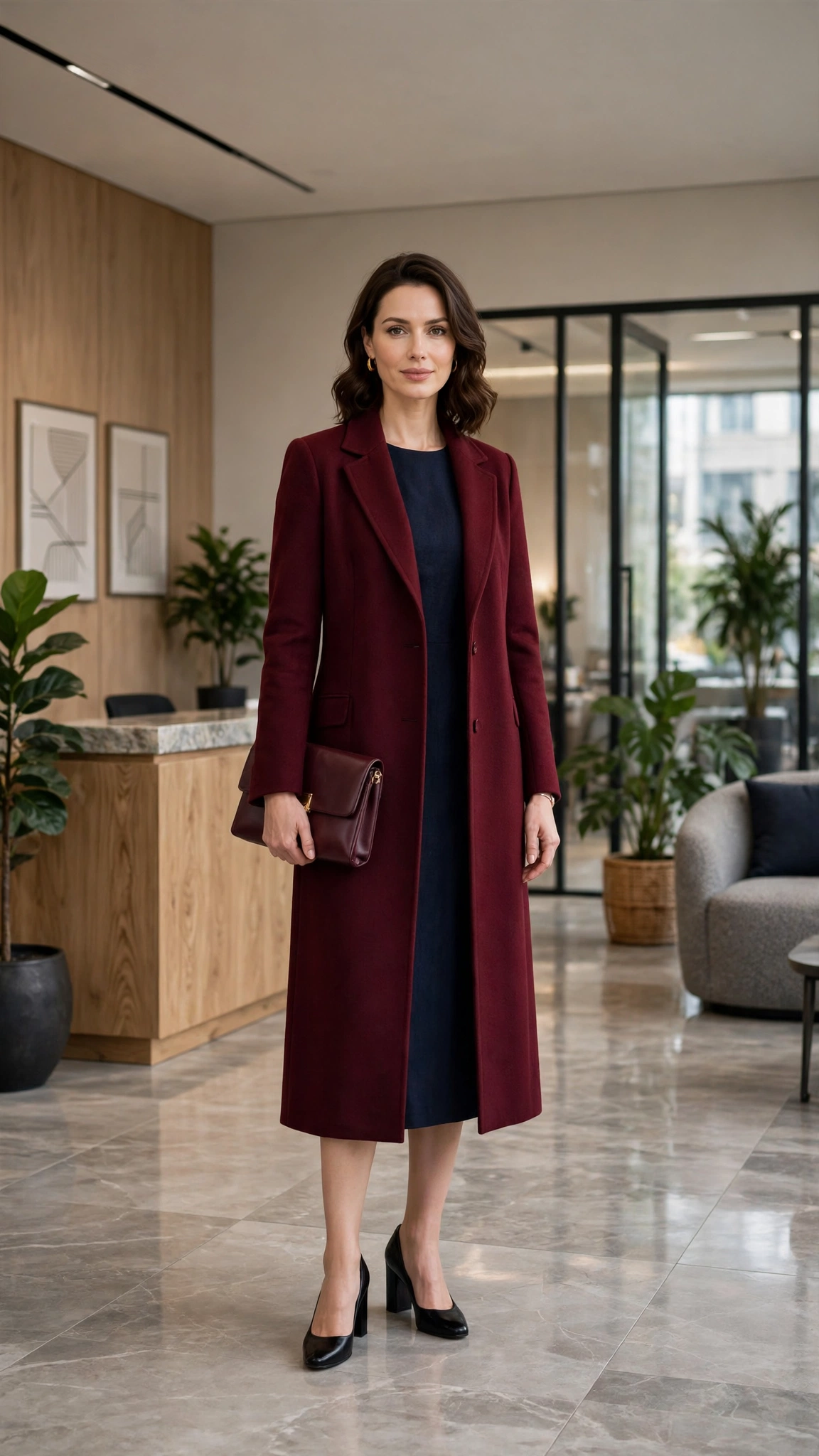 Burgundy Longline Coat with a Navy Dress and Black Block-heel Pumps