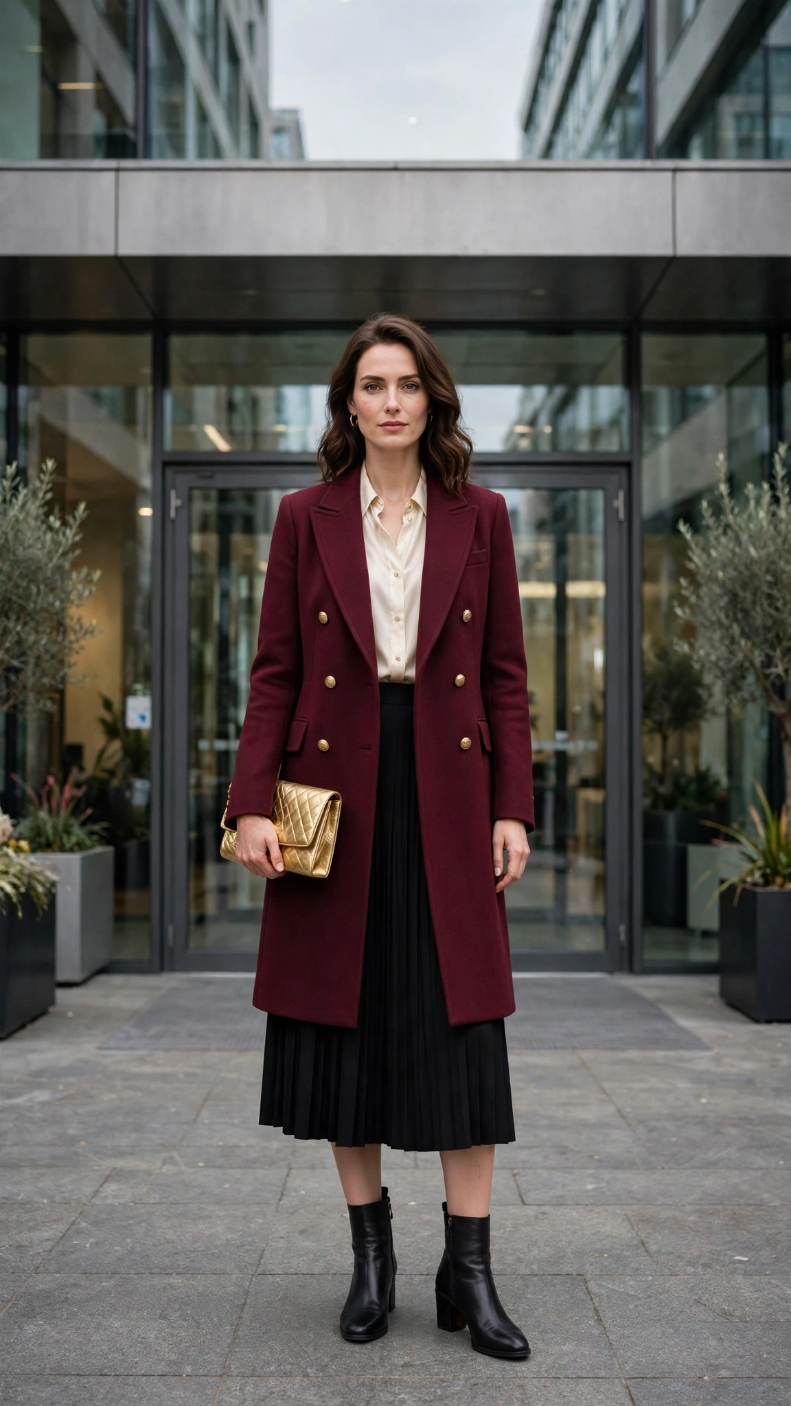 Burgundy Double-breasted Coat with a Cream Blouse and Black Skirt and Black Ankle Boots
