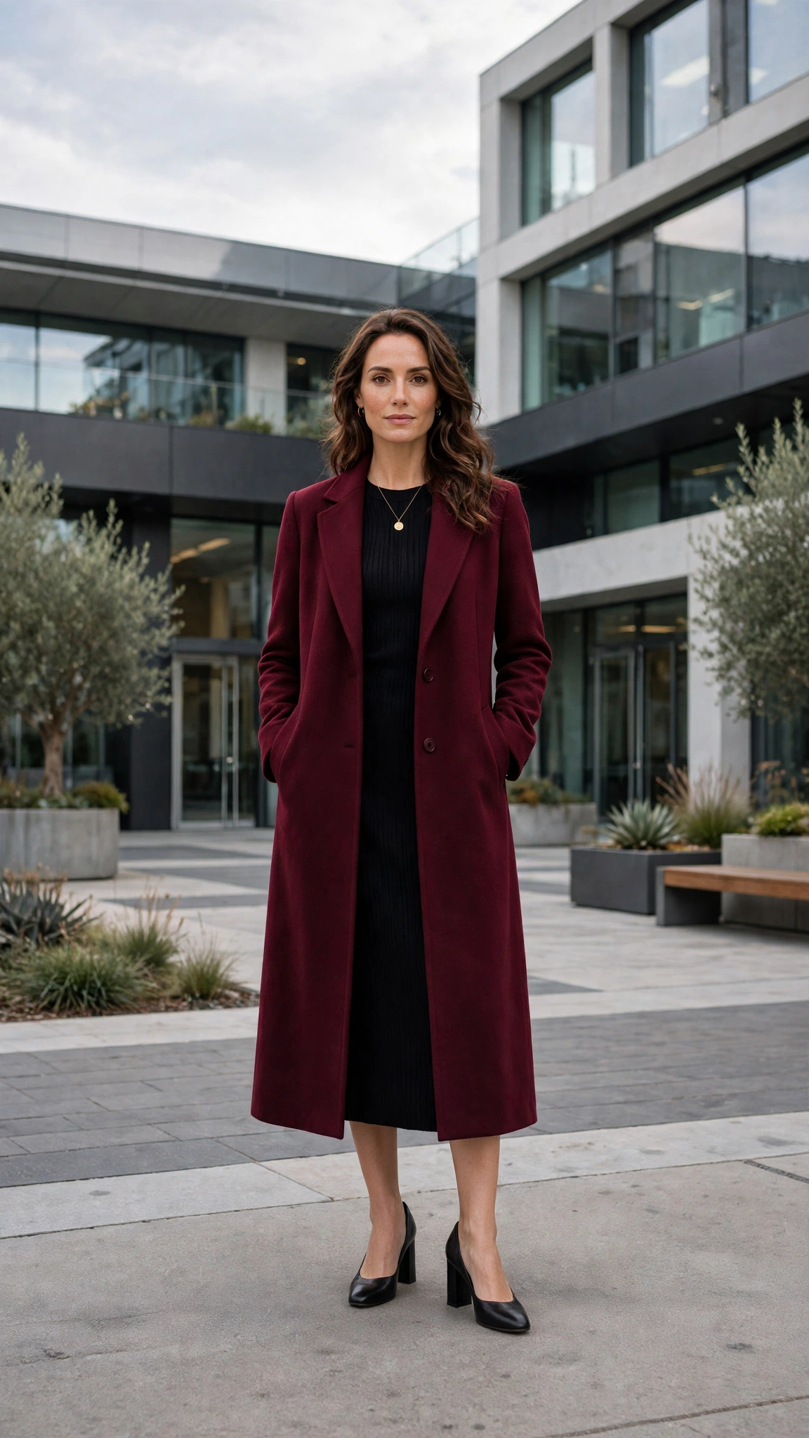 Burgundy Longline Coat with a Black Knit Dress and Black Block-heel Pumps