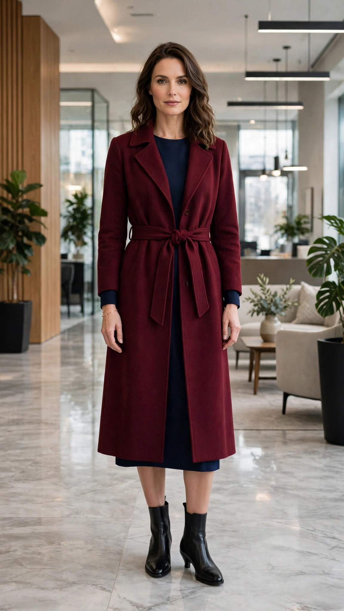 Burgundy Belted Coat with a Navy Dress and Black Ankle Boots