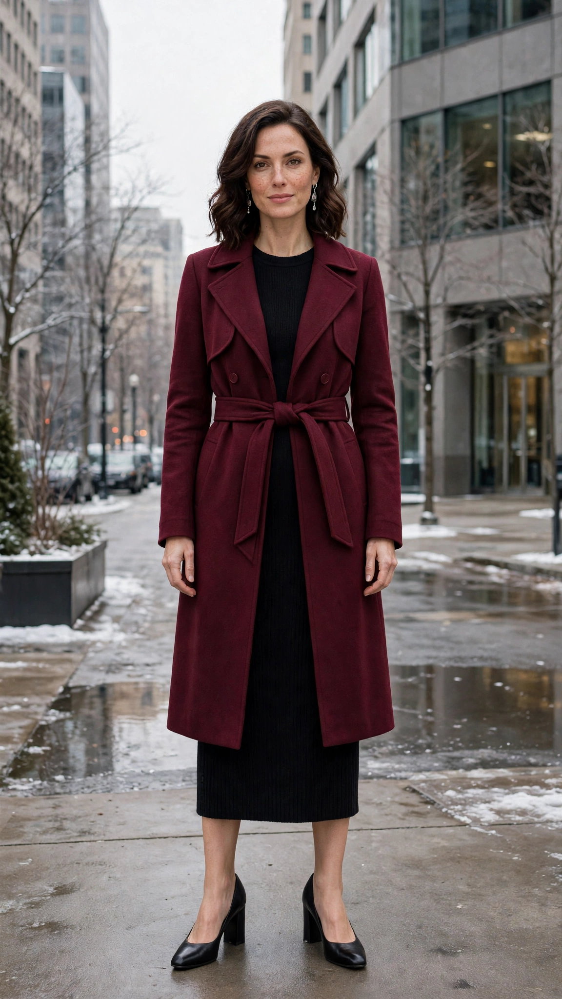Burgundy Belted Coat with a Black Knit Dress and Black Block-heel Pumps