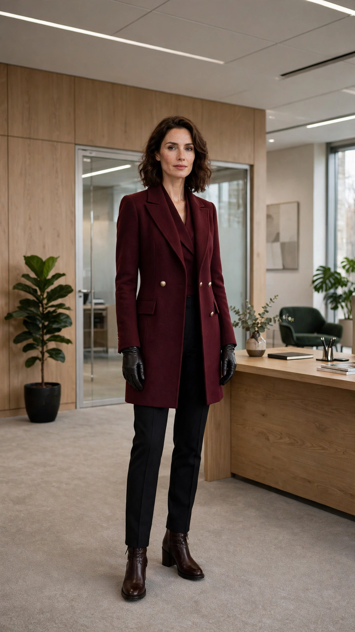 Burgundy Tailored Coat with Black Tailored Trousers and Dark Brown Boots
