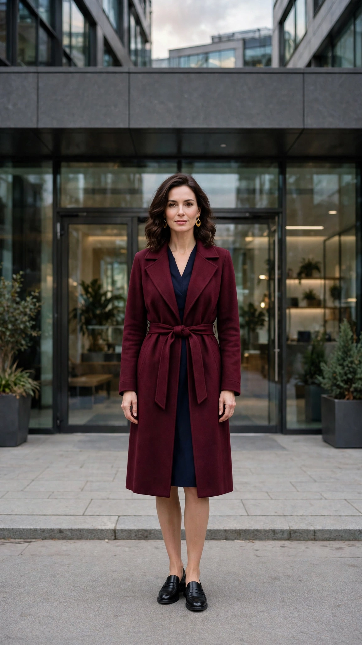 Burgundy Belted Coat with a Navy Dress and Black Loafers
