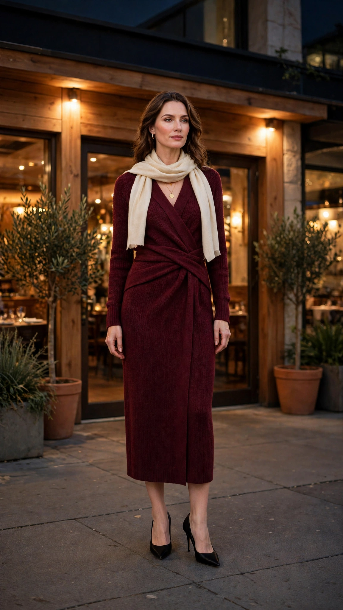 Burgundy Wrap Knit Dress with a Cream Scarf and Black Pointed Heels