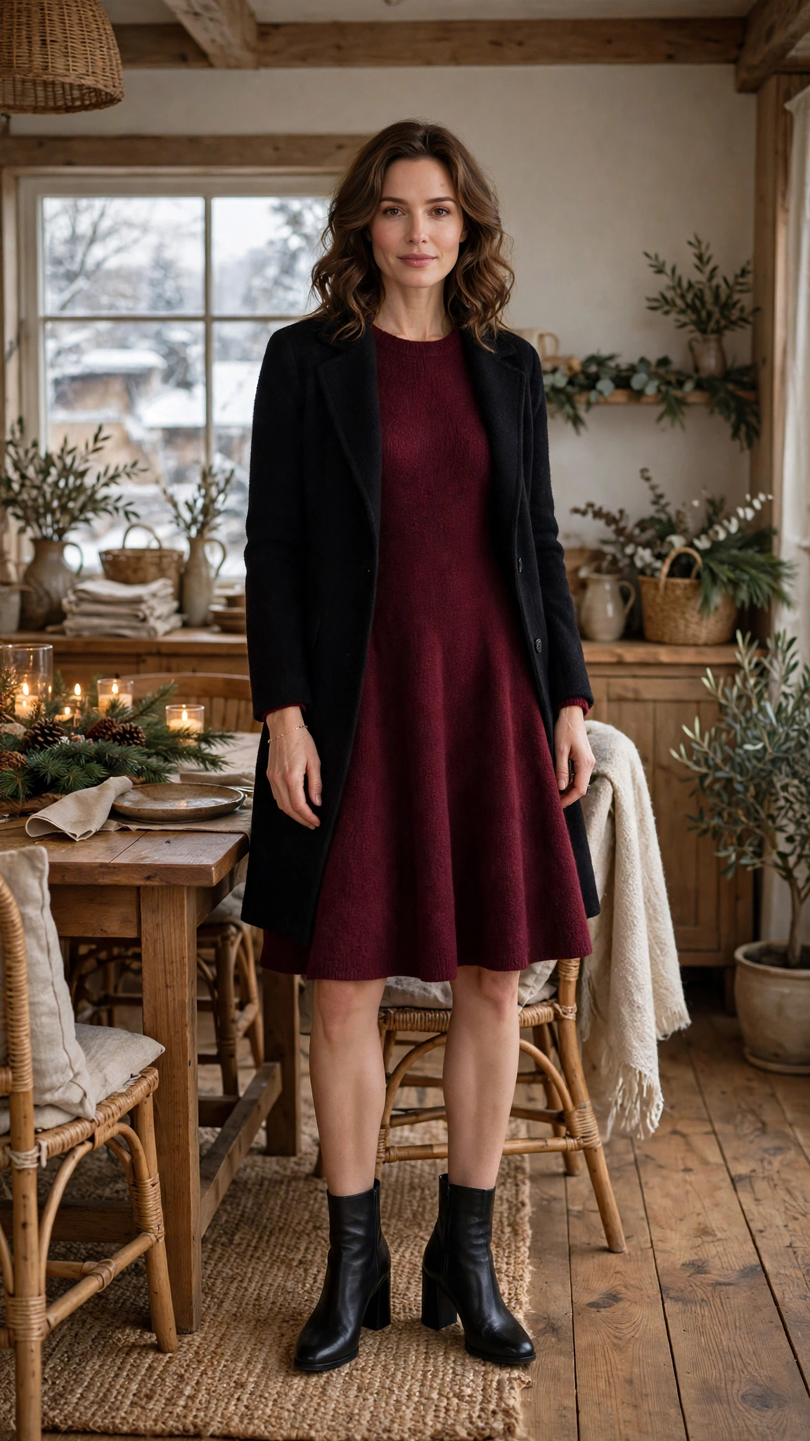 Burgundy A-line Knit Dress with a Black Wool Coat and Black Block-heel Boots