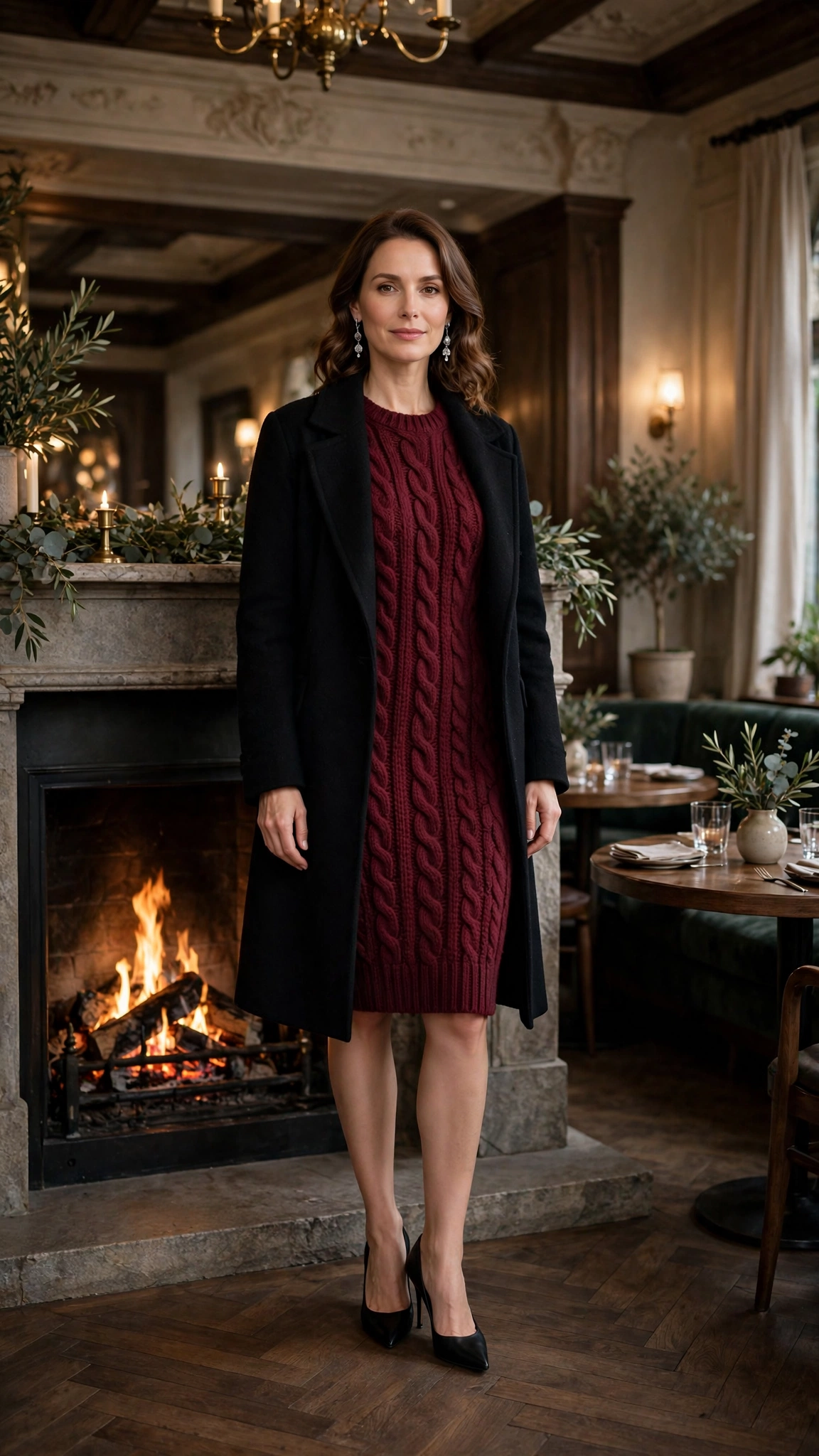Burgundy Chunky-knit Dress with a Black Wool Coat and Black Pointed Heels
