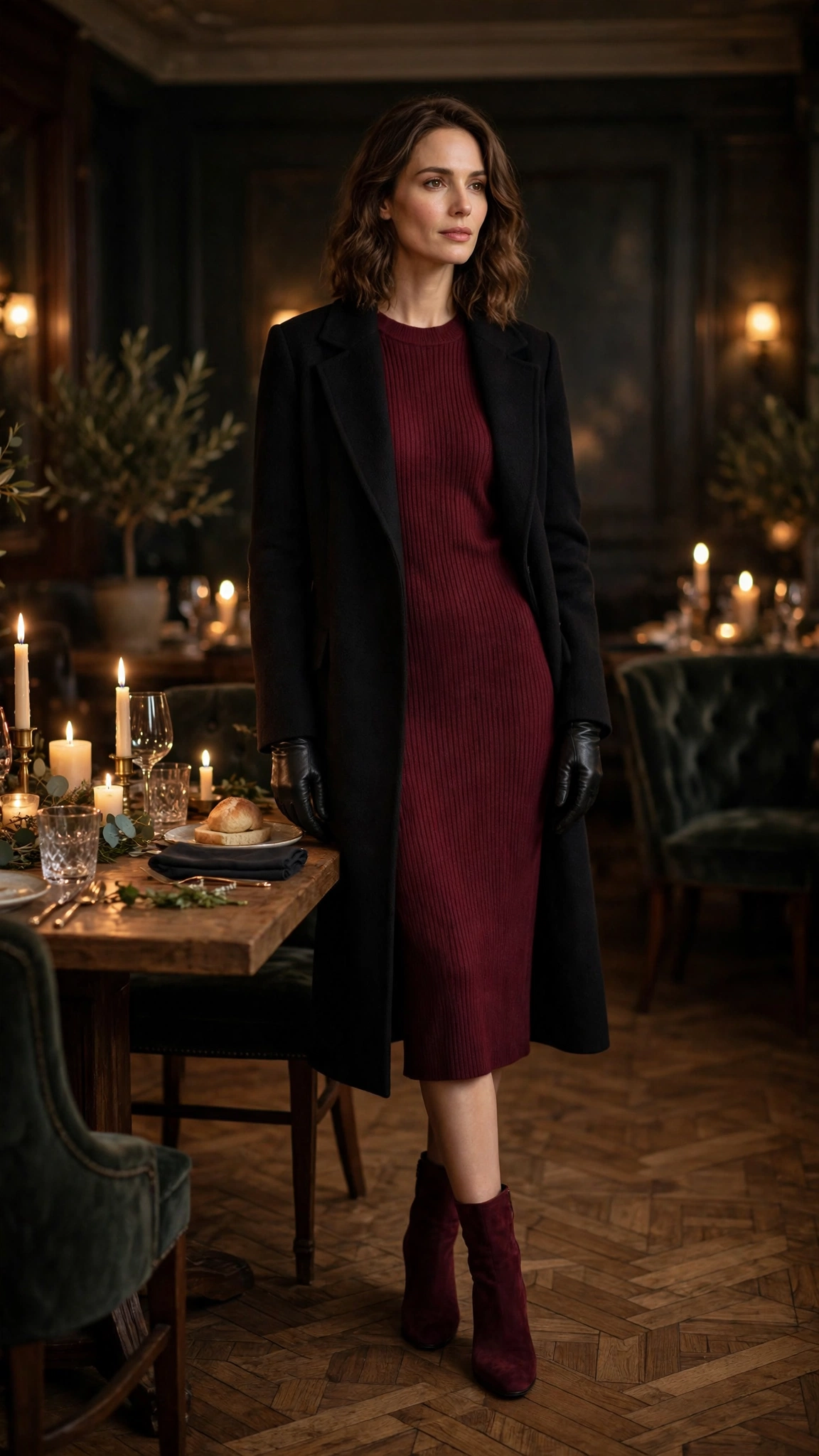 Burgundy Ribbed Sweater Dress with a Black Wool Coat and Burgundy Suede Boots