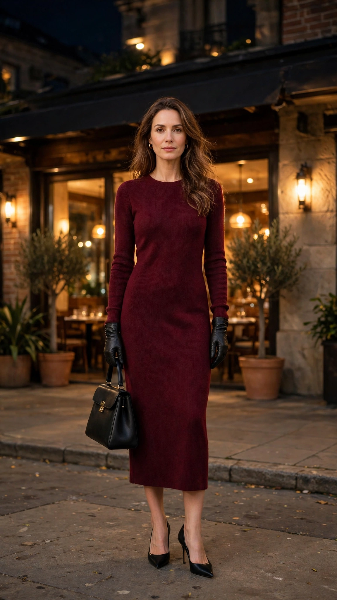 Burgundy Long-sleeve Knit Midi Dress with Black Leather Gloves and Black Pointed Heels