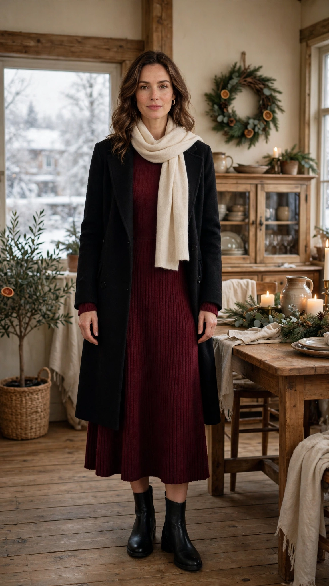 Burgundy Long-sleeve Knit Midi Dress with a Black Wool Coat and Black Ankle Boots