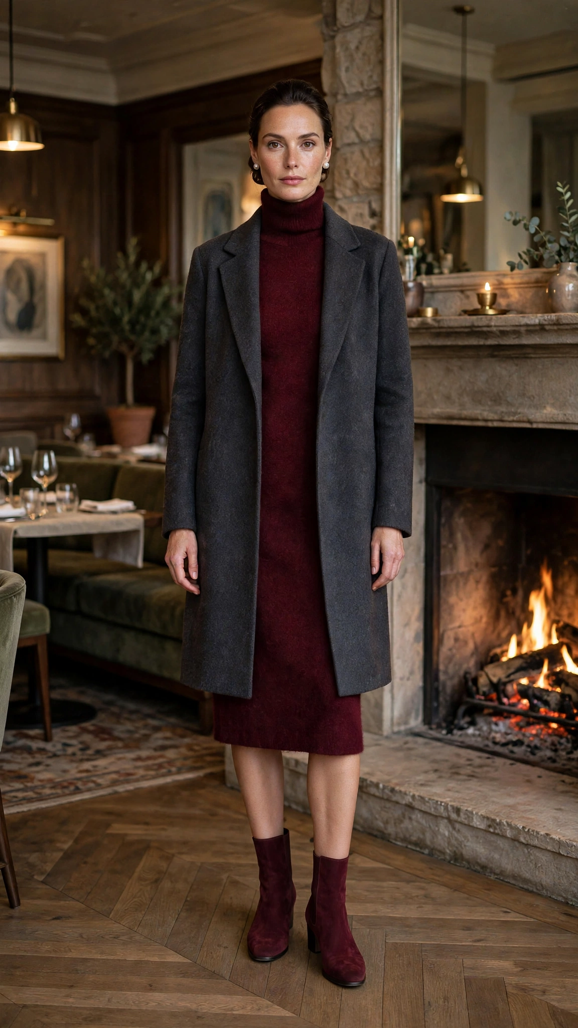 Burgundy Turtleneck Knit Dress with a Charcoal Coat and Burgundy Suede Boots