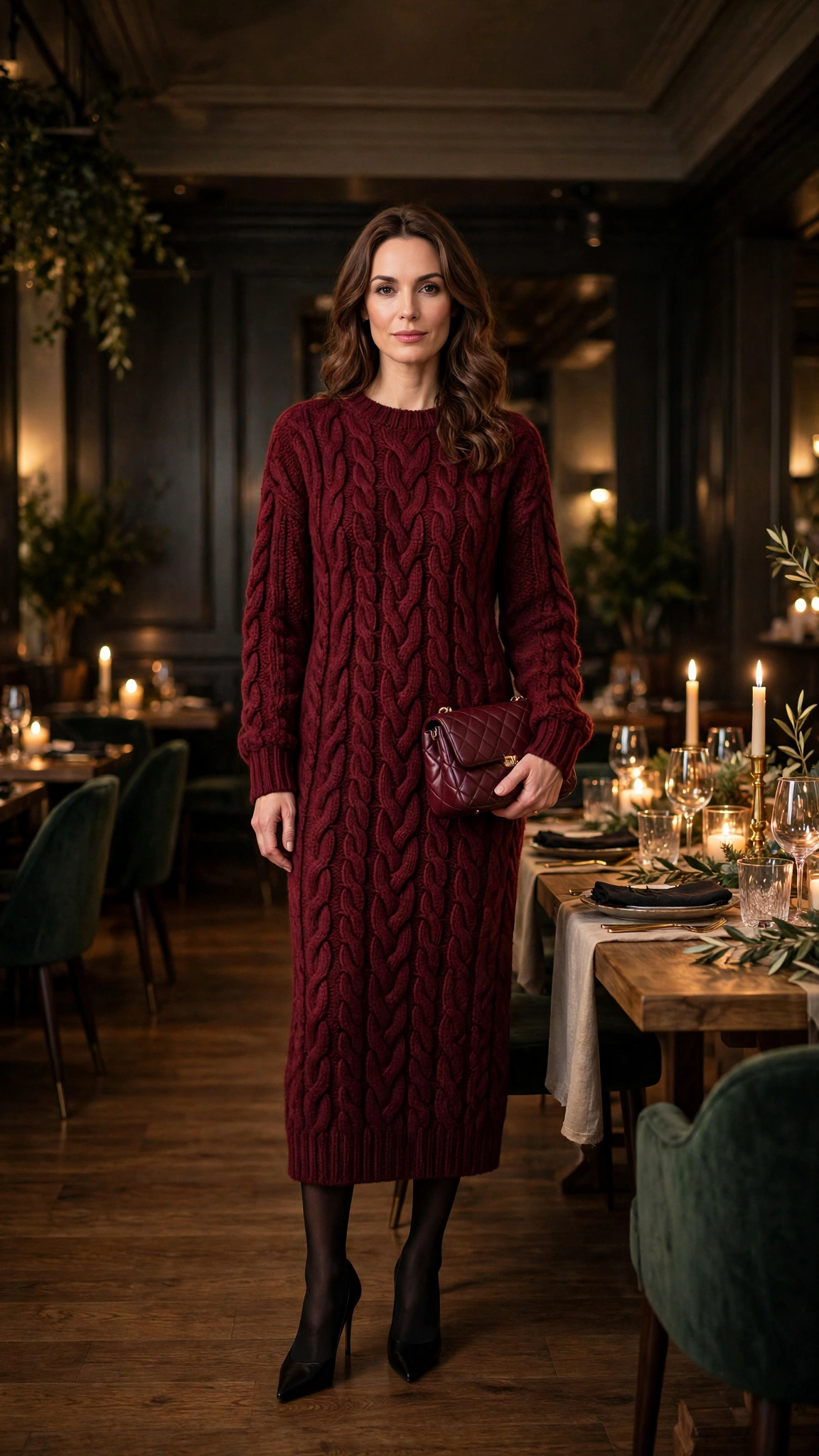 Burgundy Chunky-knit Dress with Black Tights and Black Pointed Heels