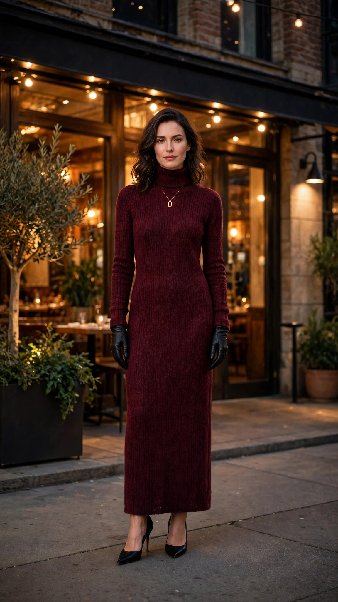 Burgundy Turtleneck Knit Dress with Black Leather Gloves and Black Pointed Heels