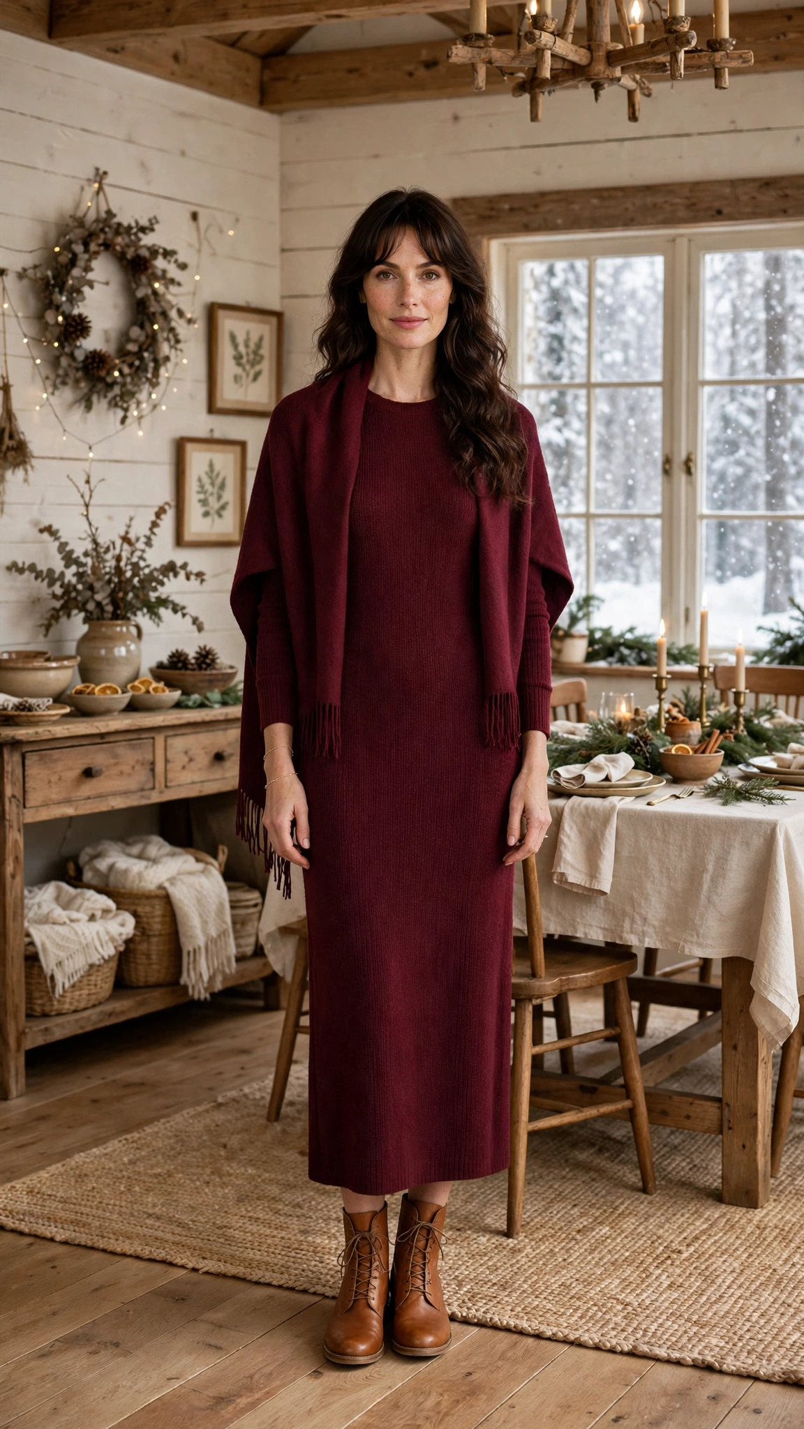 Burgundy Long-sleeve Knit Midi Dress with a Burgundy Shawl and Tan Leather Boots