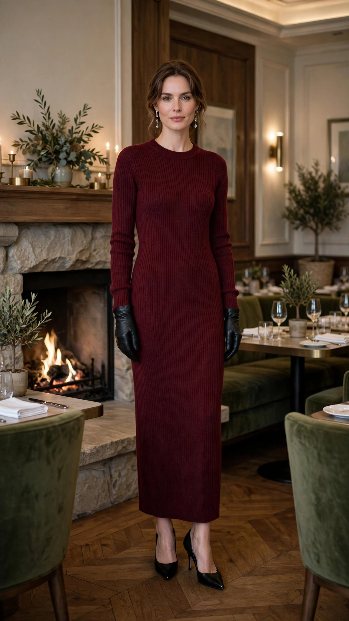 Burgundy Ribbed Sweater Dress with Black Leather Gloves and Black Pointed Heels