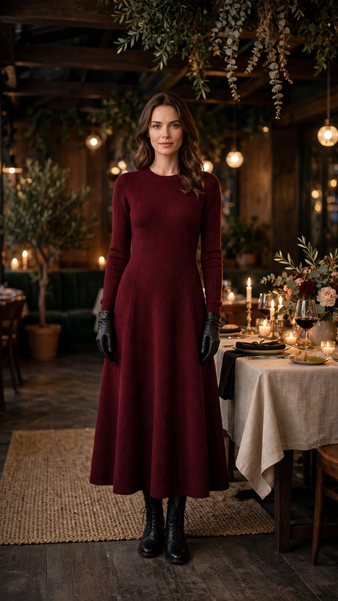 Burgundy A-line Knit Dress with Black Leather Gloves and Black Ankle Boots