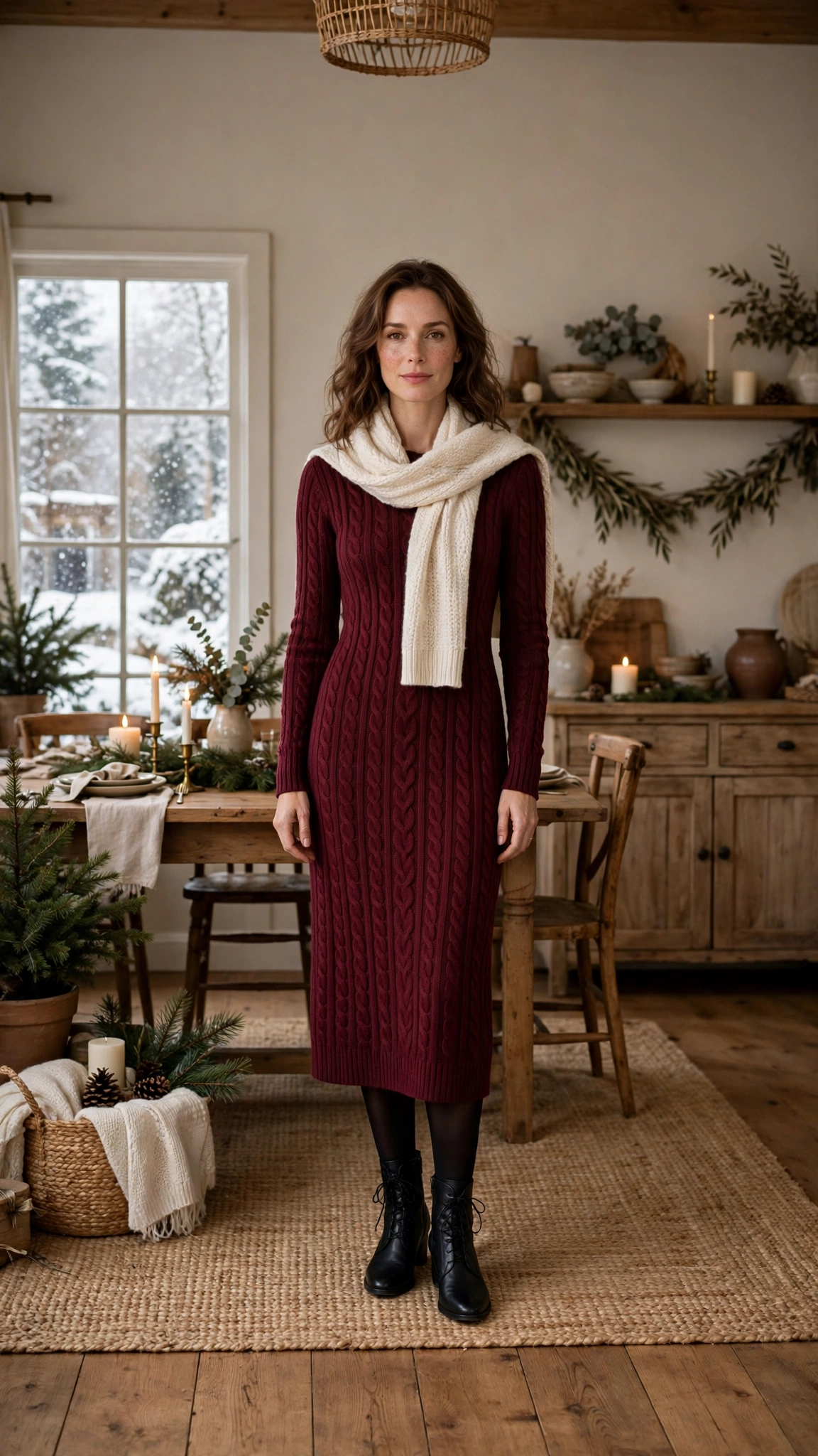 Burgundy Cable-knit Midi Dress with Black Tights and Black Ankle Boots