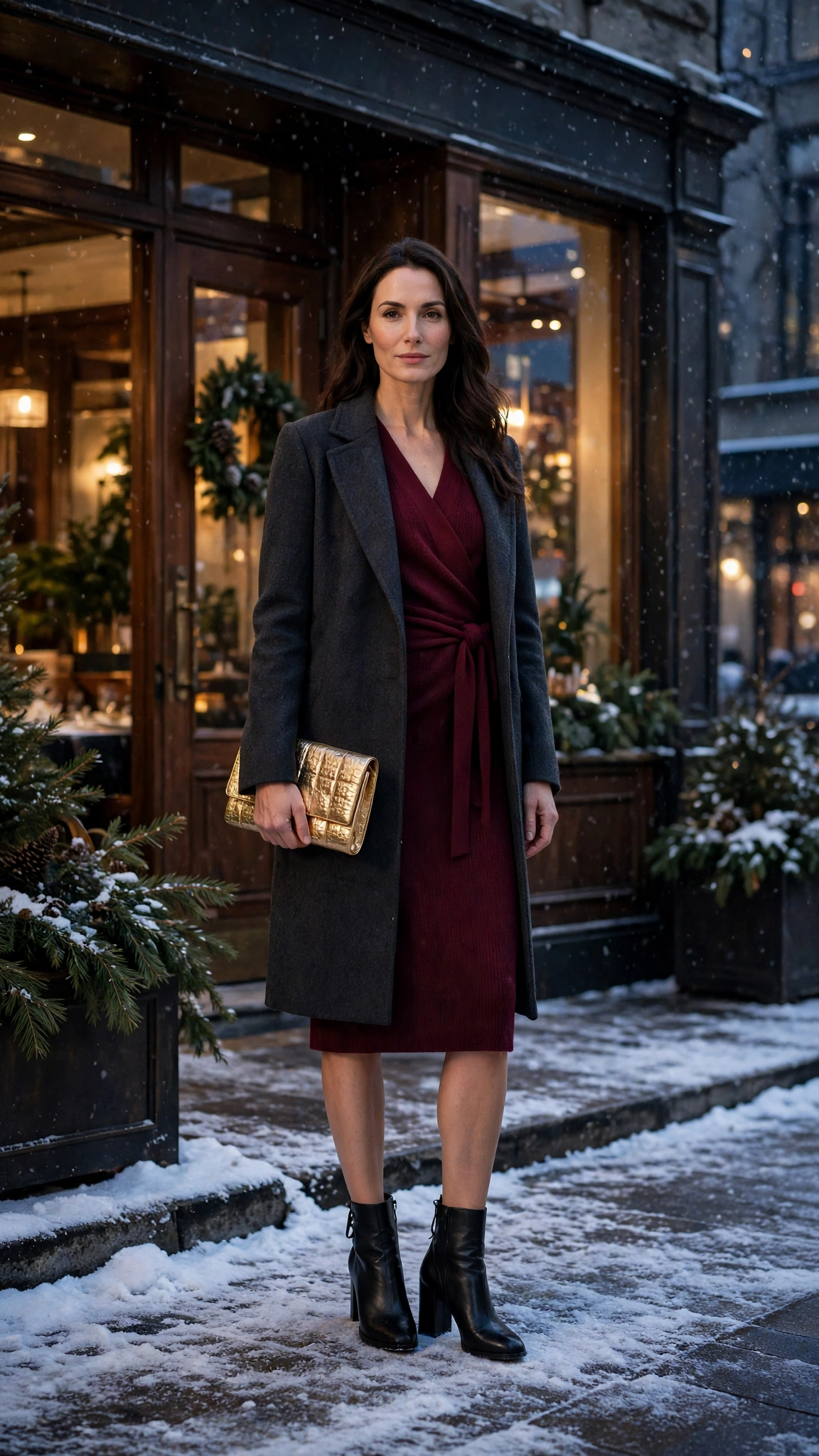 Burgundy Wrap Knit Dress with a Charcoal Coat and Black Block-heel Boots