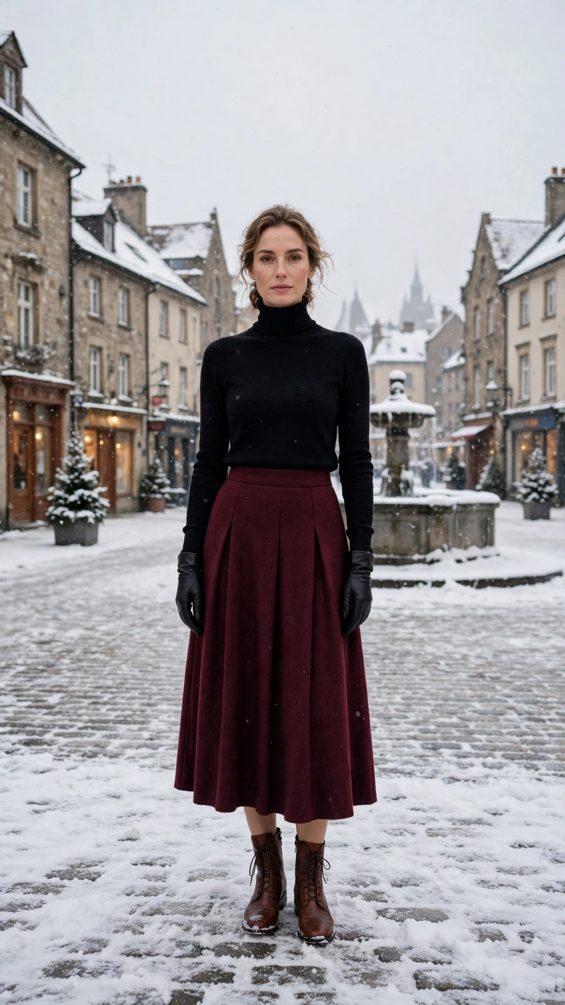 30 Burgundy Skirt and Boots Outfits for Holiday Outings That Are Chic, Warm and Elegant 5 Burgundy Wool Skirt with a Black Turtleneck and Brown Ankle Boots