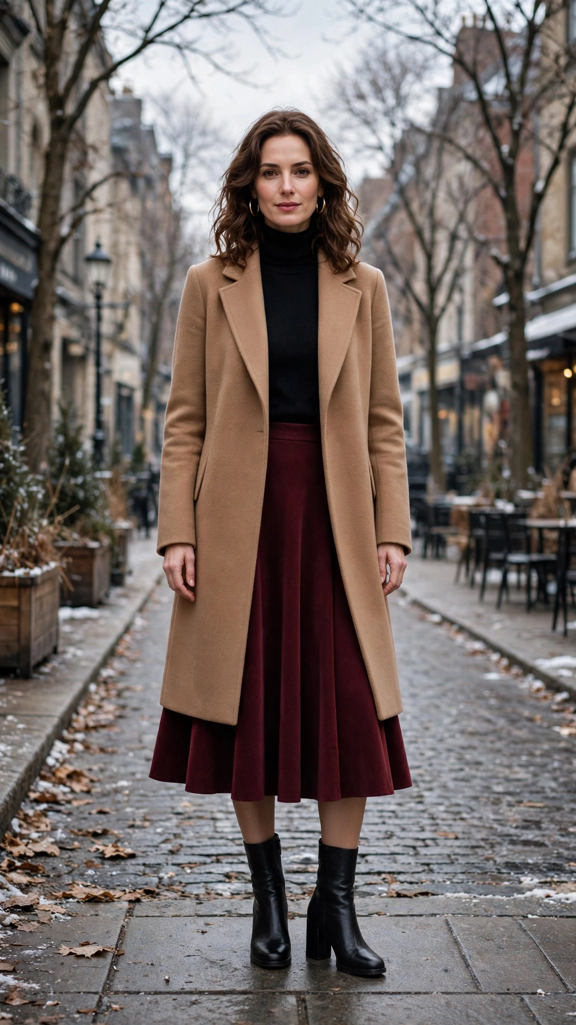 30 Burgundy Skirt and Boots Outfits for Holiday Outings That Are Chic, Warm and Elegant 6 Burgundy A-line Skirt with a Camel Coat and Black Block-heel Boots