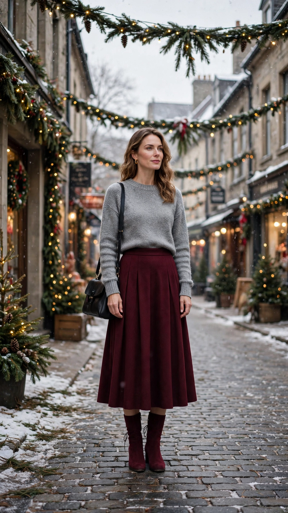 30 Burgundy Skirt and Boots Outfits for Holiday Outings That Are Chic, Warm and Elegant 7 Burgundy Wool Skirt with a Grey Sweater and Burgundy Suede Boots
