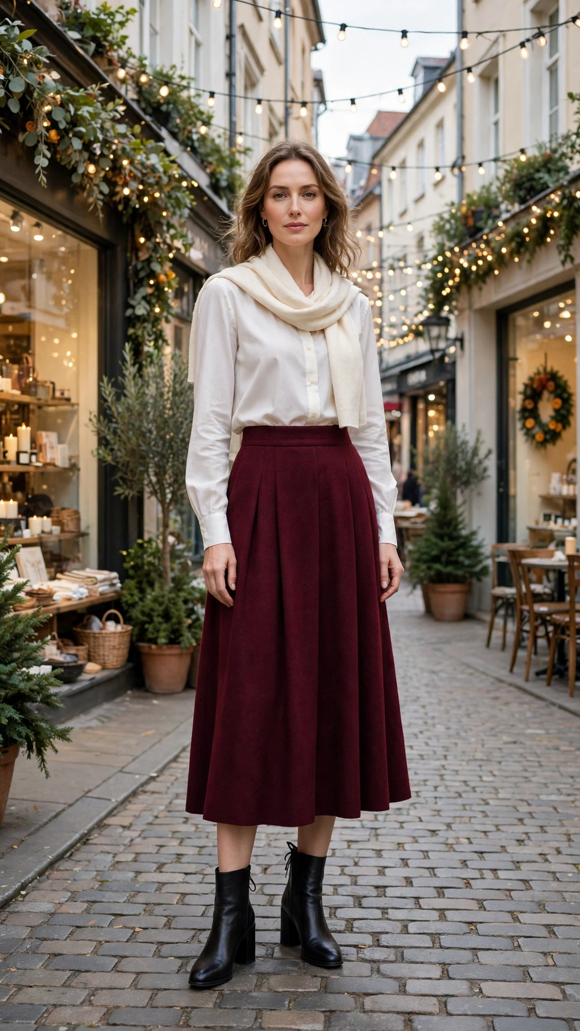 30 Burgundy Skirt and Boots Outfits for Holiday Outings That Are Chic, Warm and Elegant 8 Burgundy Wool Skirt with an Ivory Blouse and Black Block-heel Boots