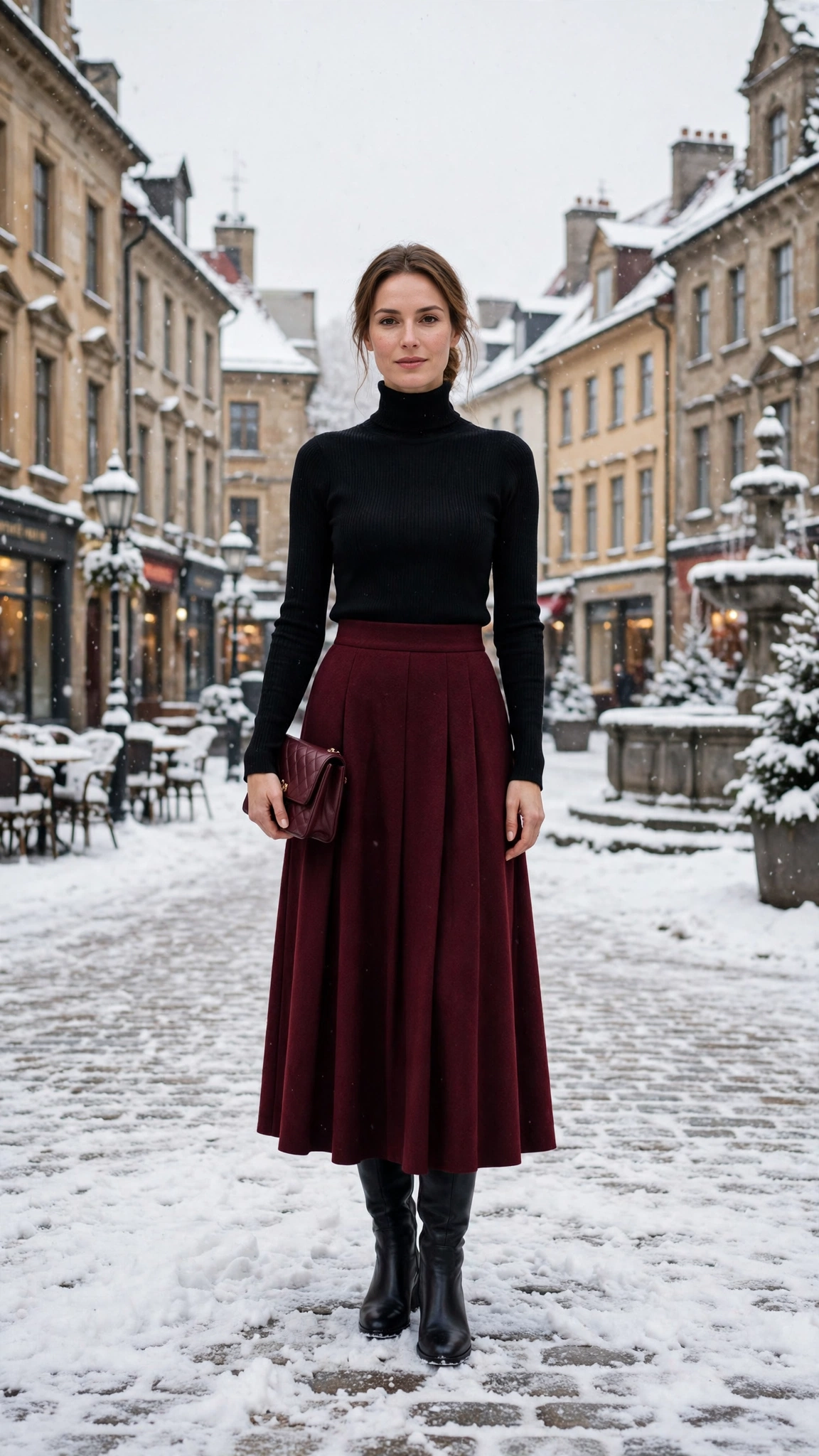 30 Burgundy Skirt and Boots Outfits for Holiday Outings That Are Chic, Warm and Elegant 10 Burgundy Wool Skirt with a Black Turtleneck and Black Knee-high Boots