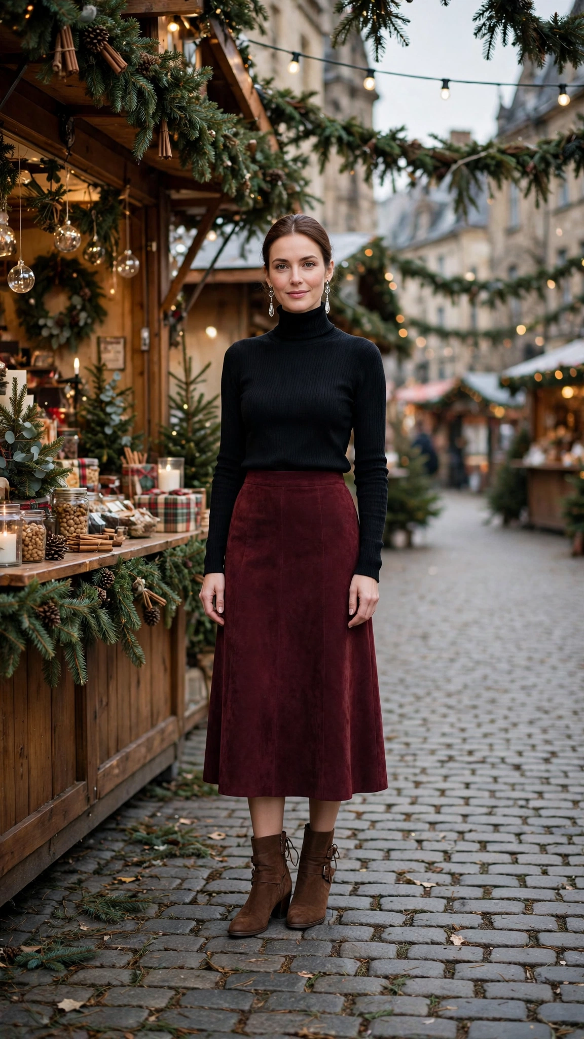 30 Burgundy Skirt and Boots Outfits for Holiday Outings That Are Chic, Warm and Elegant 14 Burgundy Suede Skirt with a Black Turtleneck and Brown Ankle Boots