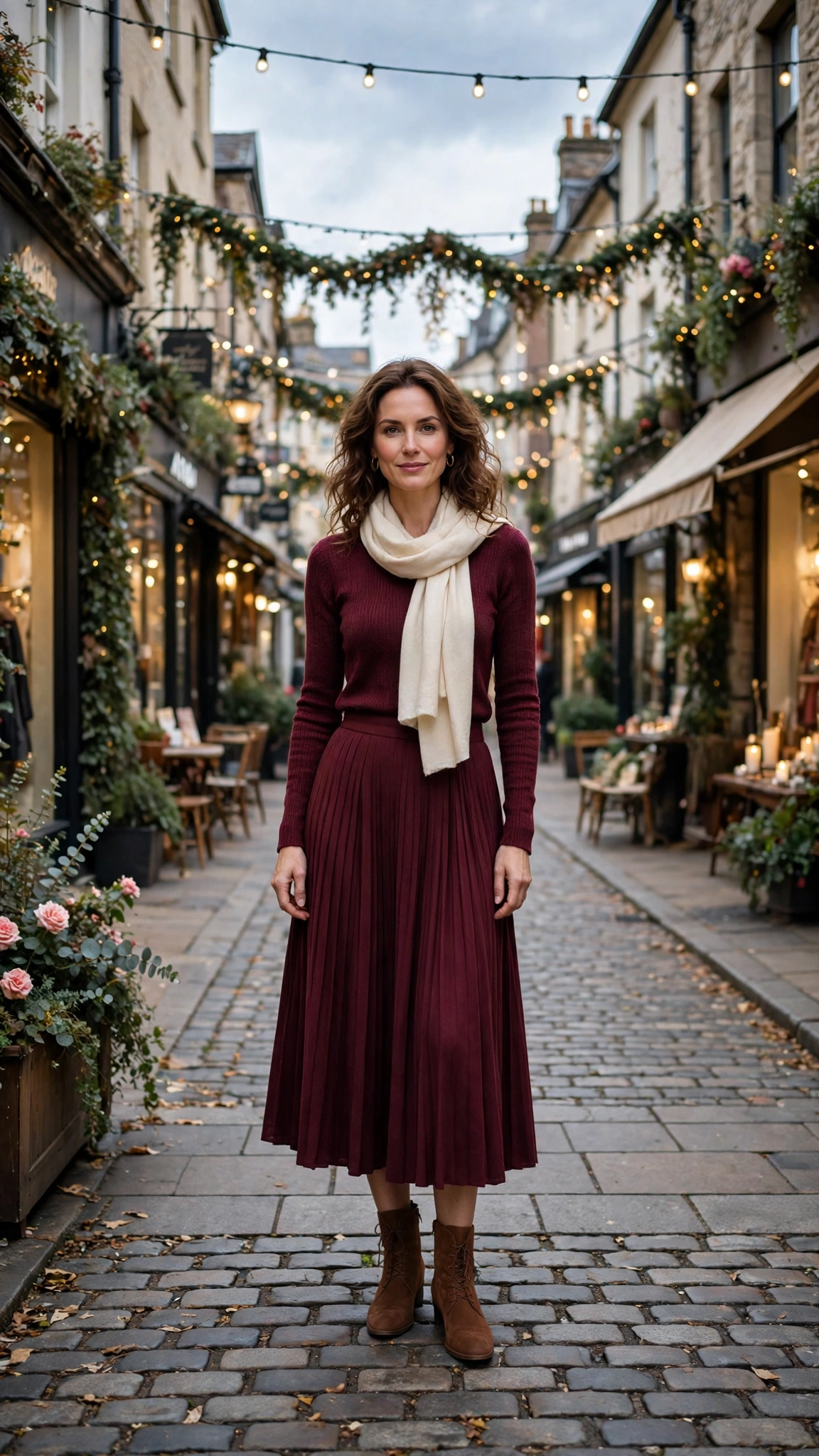 30 Burgundy Skirt and Boots Outfits for Holiday Outings That Are Chic, Warm and Elegant 18 Burgundy Pleated Midi Skirt with a Burgundy Knit Top and Brown Ankle Boots