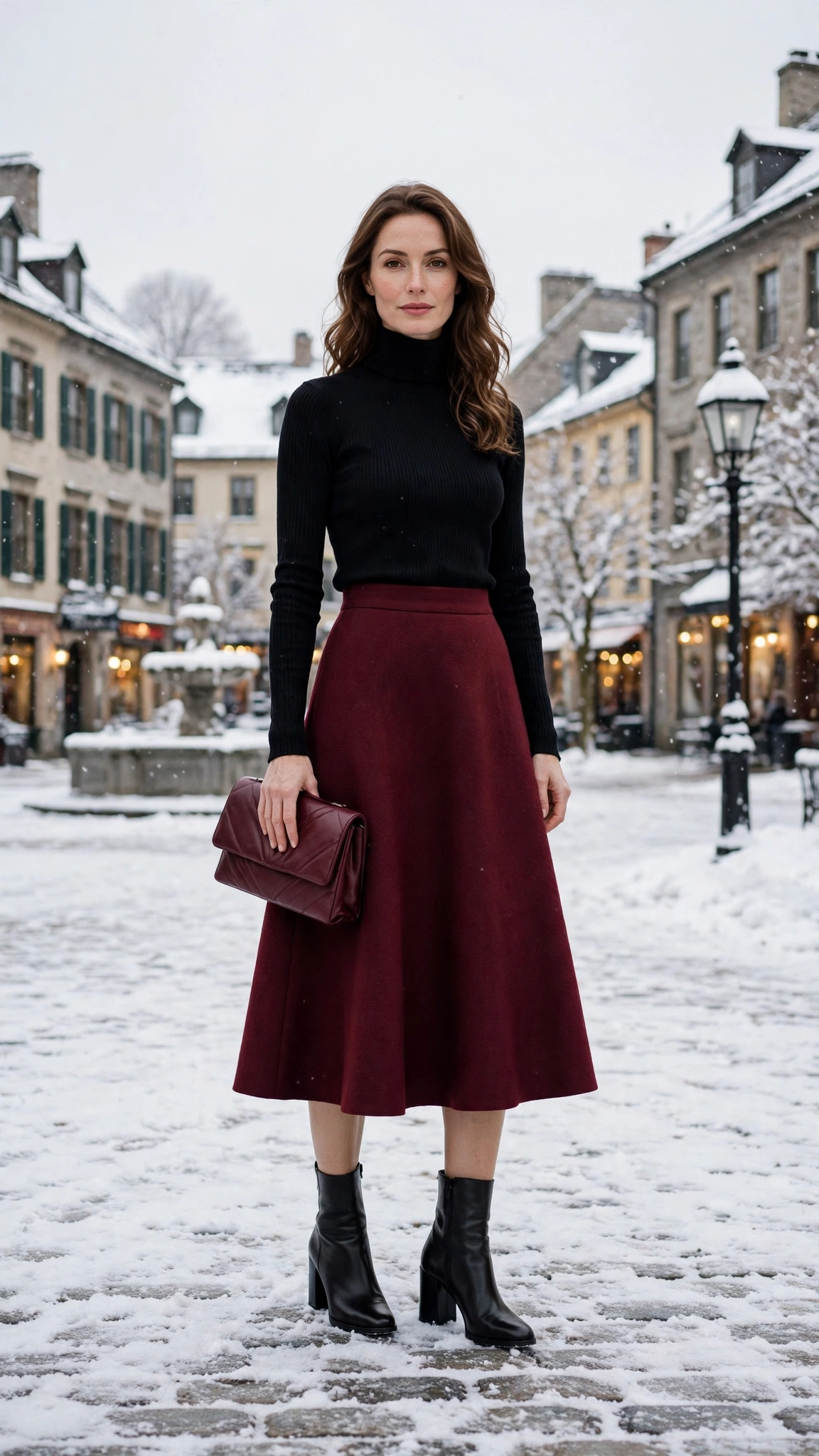30 Burgundy Skirt and Boots Outfits for Holiday Outings That Are Chic, Warm and Elegant 20 Burgundy A-line Skirt with a Black Turtleneck and Black Block-heel Boots