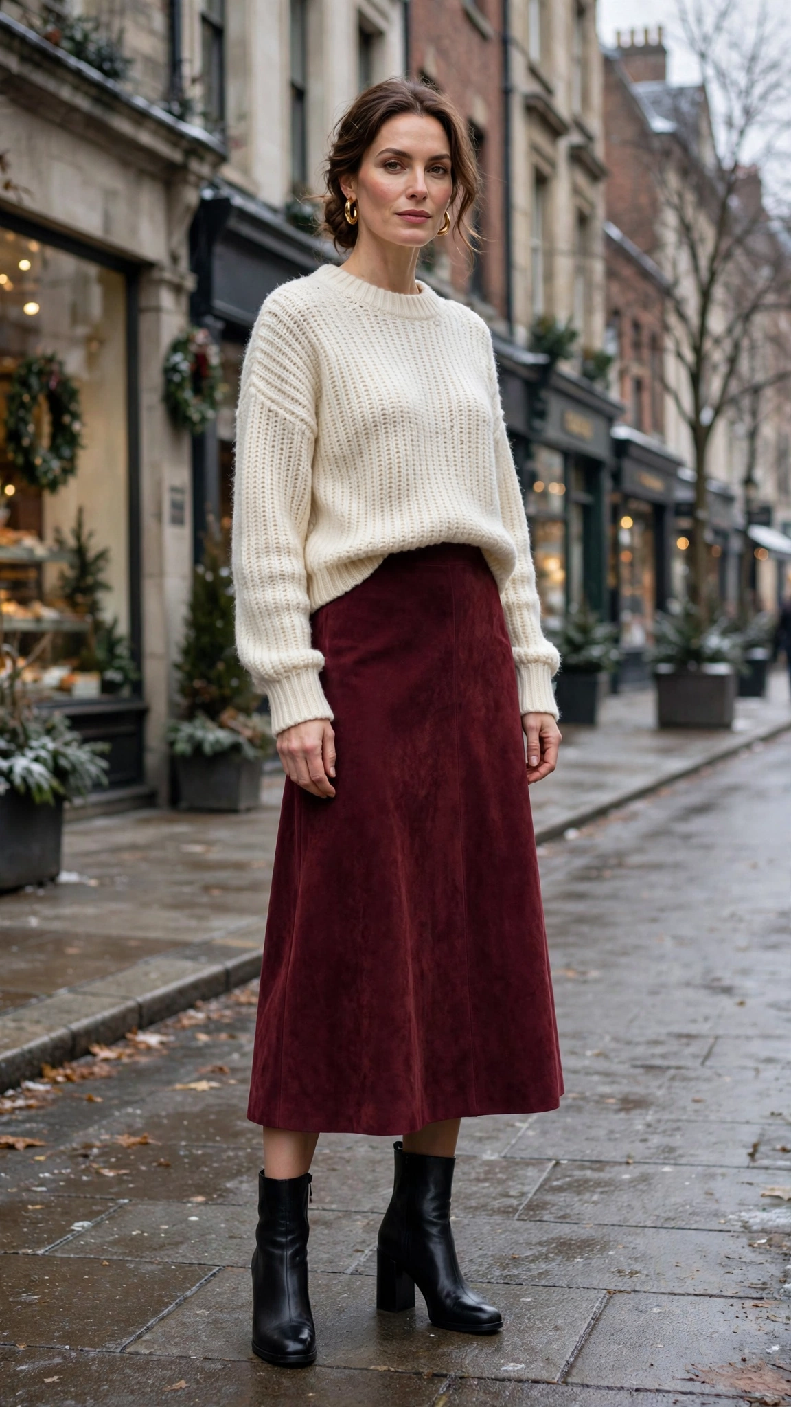 30 Burgundy Skirt and Boots Outfits for Holiday Outings That Are Chic, Warm and Elegant 26 Burgundy Suede Skirt with a Cream Knit Sweater and Black Block-heel Boots