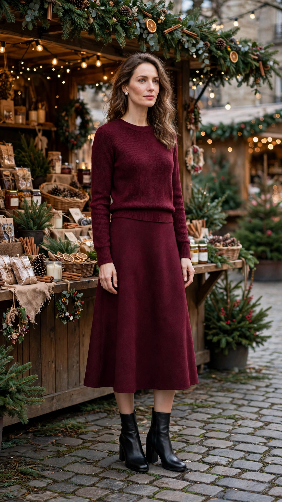 30 Burgundy Skirt and Boots Outfits for Holiday Outings That Are Chic, Warm and Elegant 29 Burgundy A-line Skirt with a Burgundy Knit Top and Black Block-heel Boots