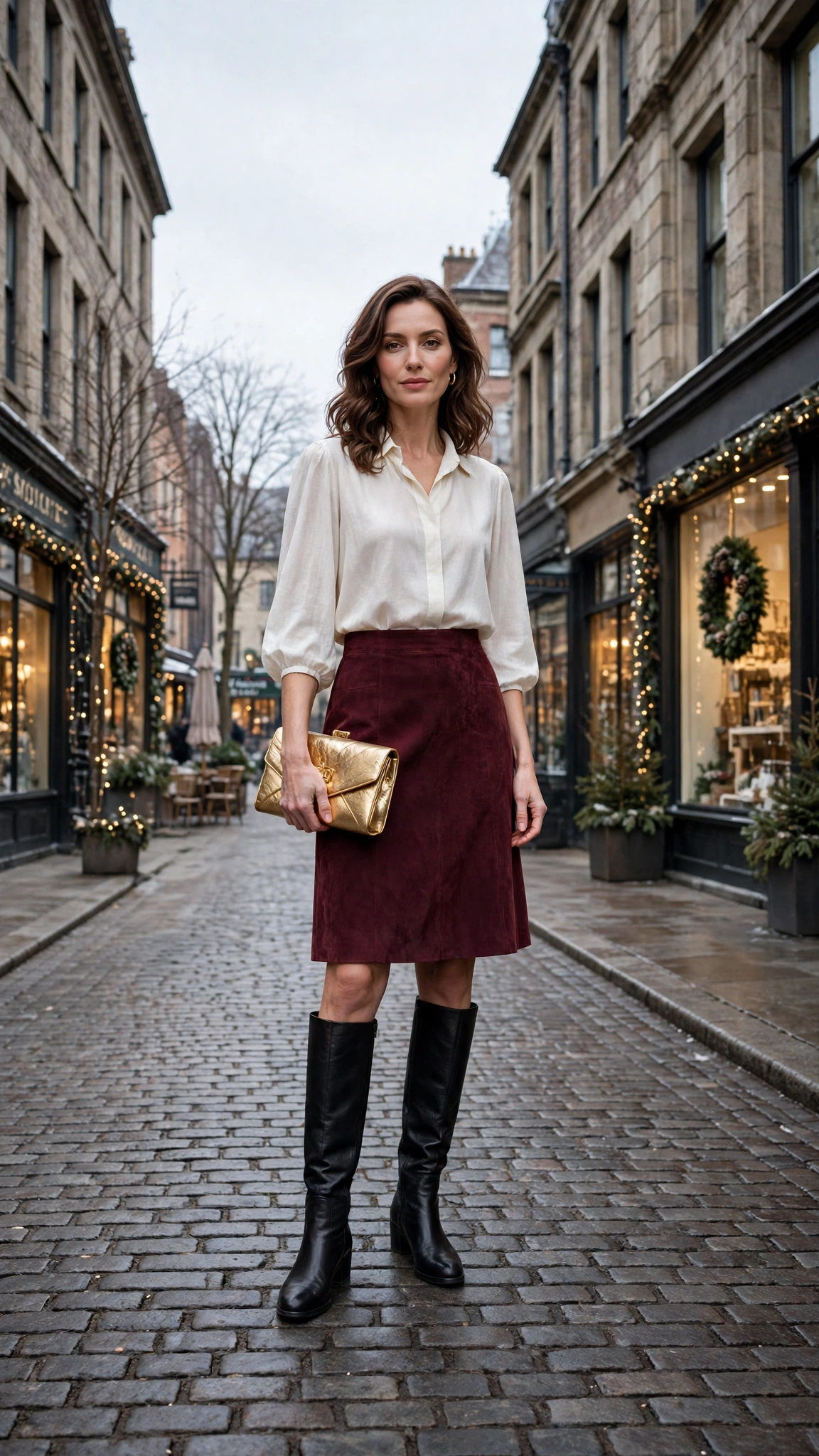 30 Burgundy Skirt and Boots Outfits for Holiday Outings That Are Chic, Warm and Elegant 31 Burgundy Suede Skirt with an Ivory Blouse and Black Knee-high Boots