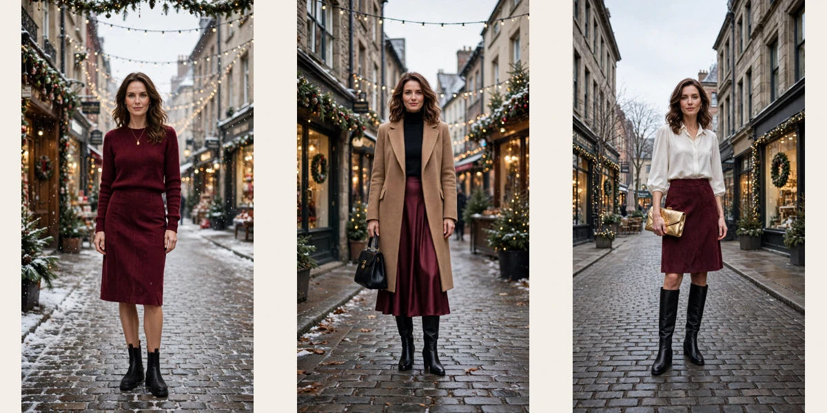 30 Burgundy Skirt and Boots Outfits for Holiday Outings That Are Chic, Warm and Elegant