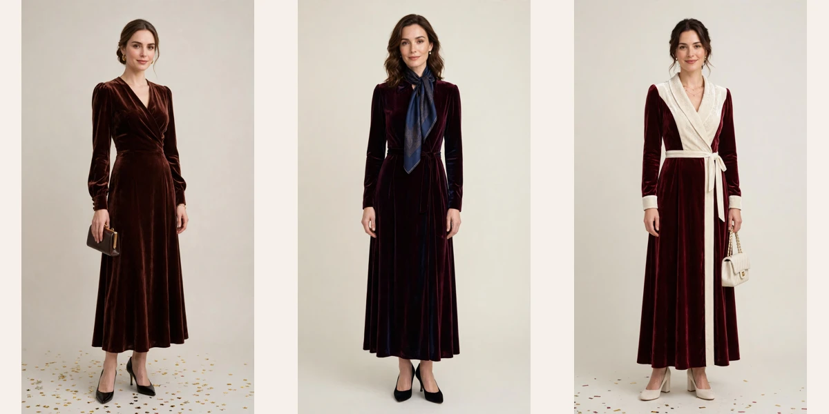 Burgundy Velvet Dress Outfit featured