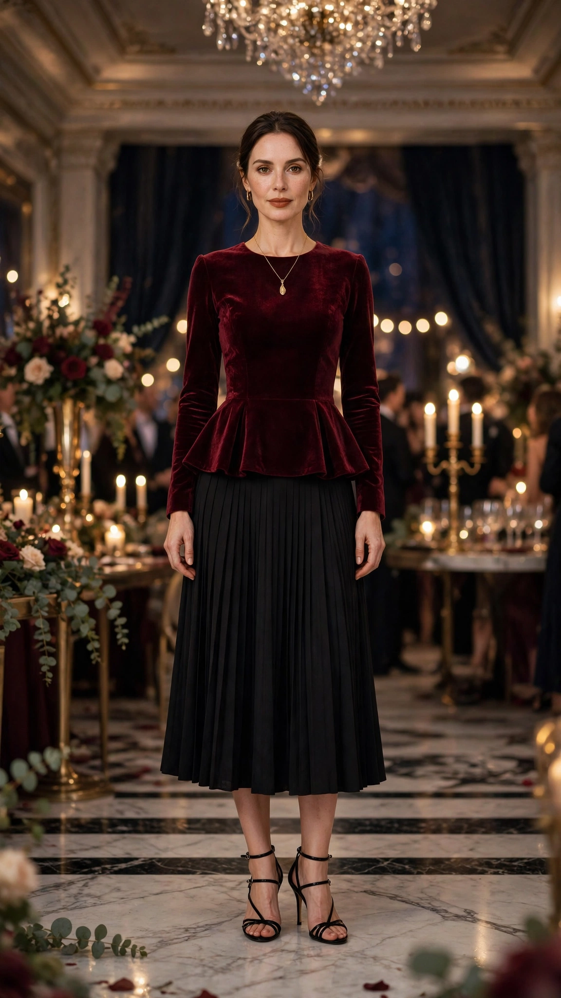 Burgundy Velvet Peplum Top with a Black Pleated Skirt and Black Strappy Heels
