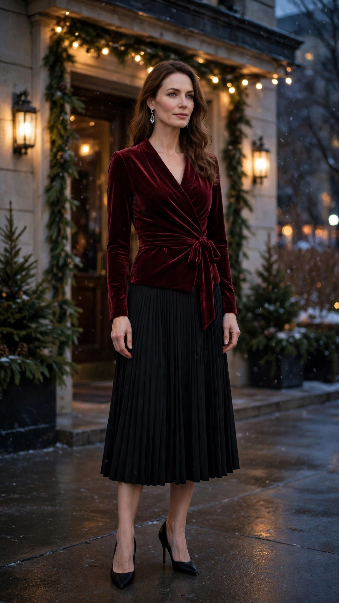 Burgundy Velvet Wrap Top with a Black Pleated Skirt and Black Pointed Pumps