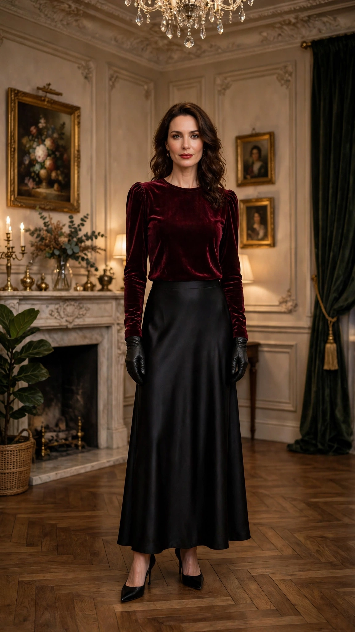 Burgundy Velvet Top with a Black Satin Skirt and Black Pointed Pumps