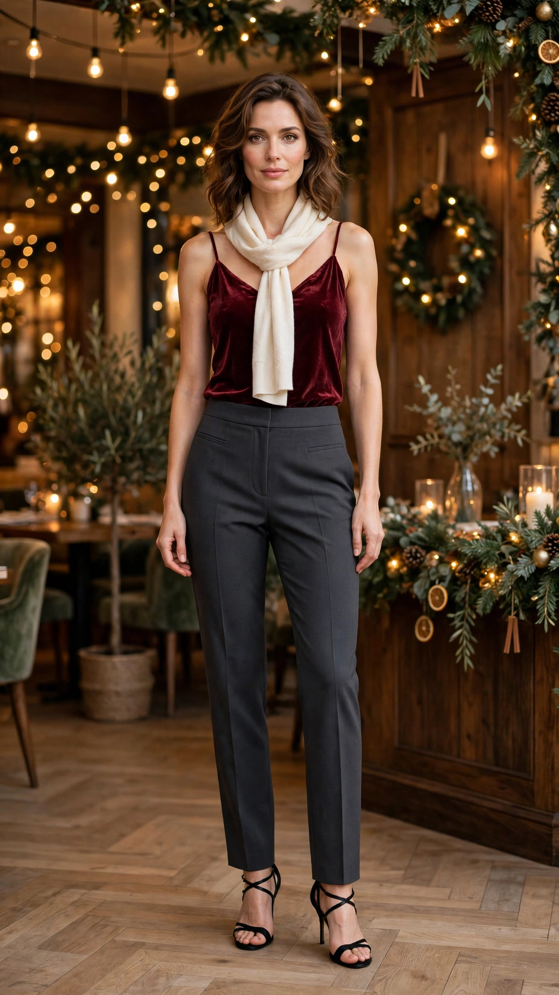 Burgundy Velvet Camisole with Charcoal Trousers and Black Strappy Heels
