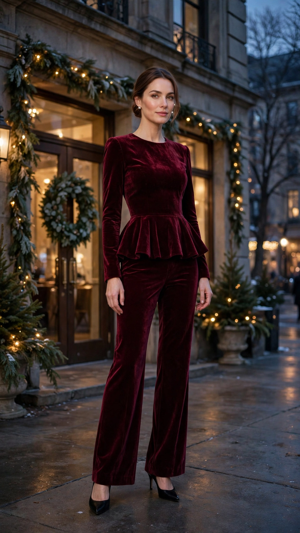 Burgundy Velvet Peplum Top with Burgundy Velvet Trousers and Black Pointed Pumps