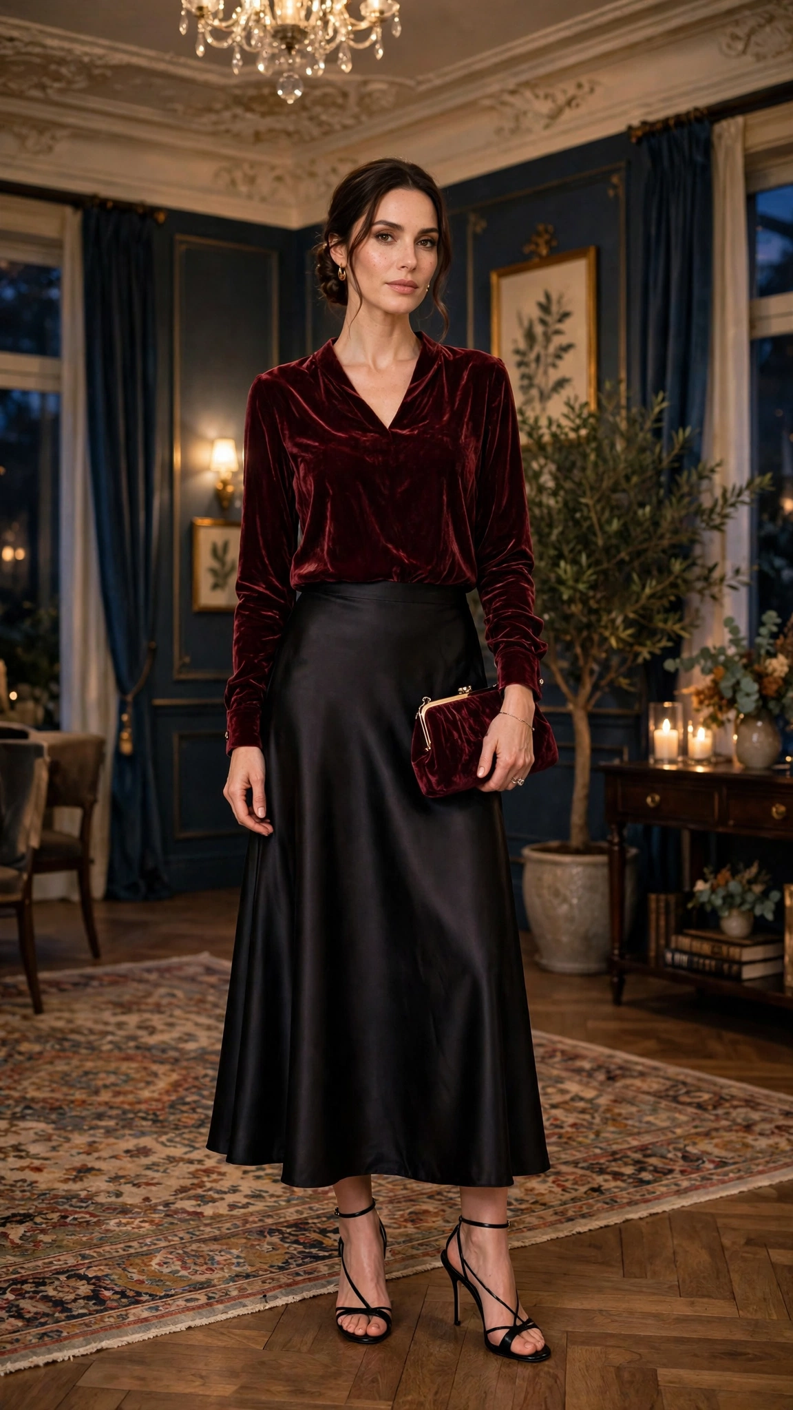 Burgundy Velvet Top with a Black Satin Skirt and Black Strappy Heels